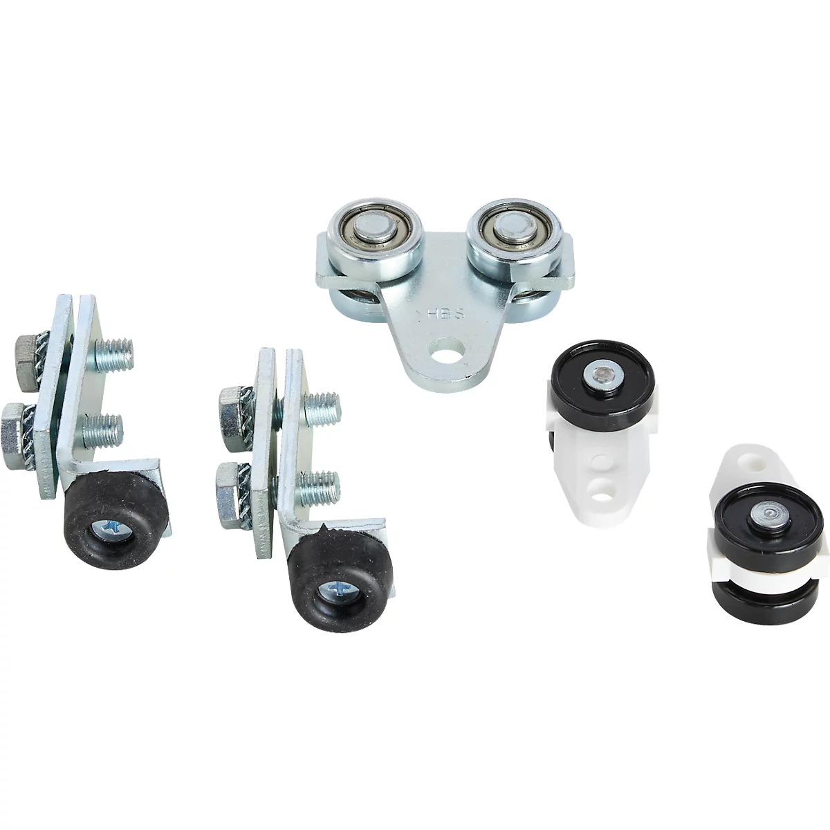 Diverses rouleaux et supports métalliques sur fond clair.