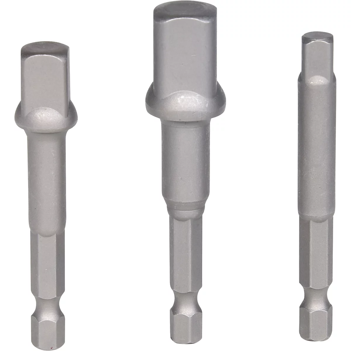 Trois embouts de vissage métalliques de différentes tailles et formes, présentés sur fond blanc.