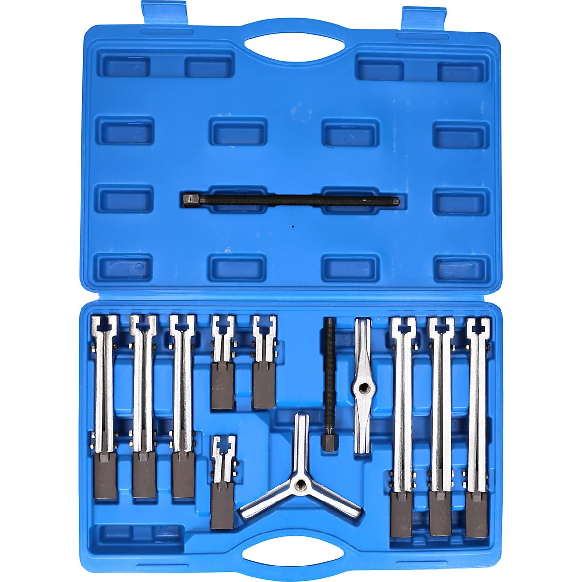 Ensemble d'outils avec divers extracteurs dans un coffret en plastique bleu.