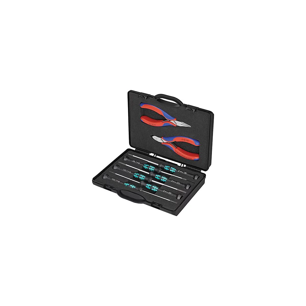 Mallette à outils avec tournevis et pinces. Pinces rouge-bleu, tournevis noir-turquoise. Boîtier noir.
