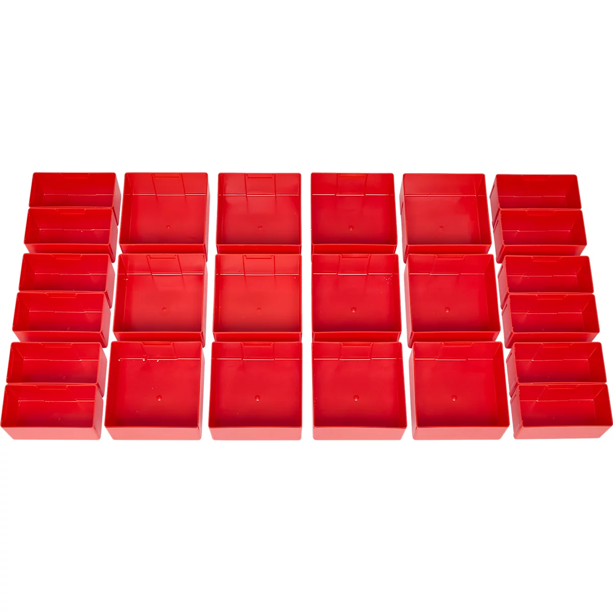 Vue aérienne de 16 boîtes en plastique rouge disposées en quatre rangées de quatre boîtes chacune.