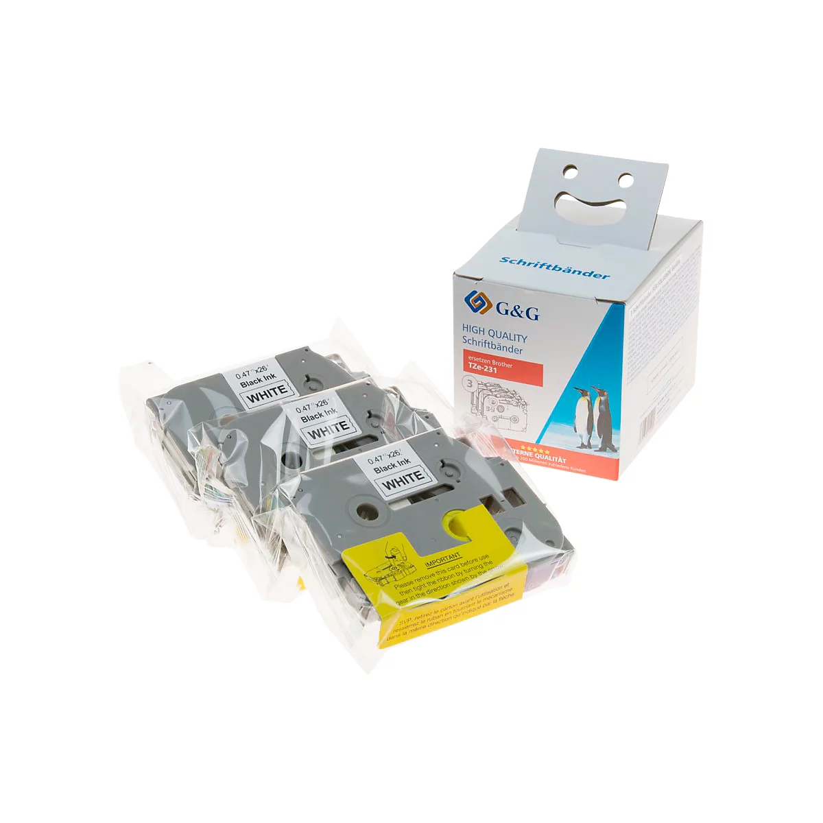 Jeu de 3 bandes de lettrage compatibles avec la bande de lettrage Brother TZe-231, blanc/noir, L 8 m x l 12 mm