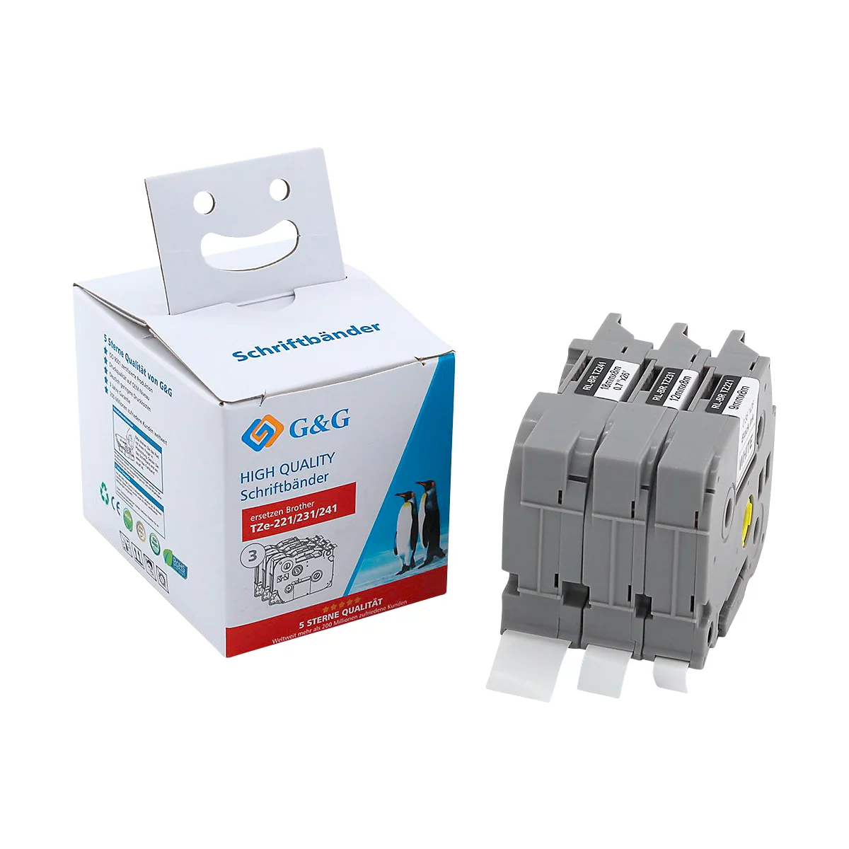 Jeu de 3 rubans de lettrage compatibles avec le ruban de lettrage Brother TZe-221/231/241, blanc/noir, L 8 m x l 9/12/18 mm