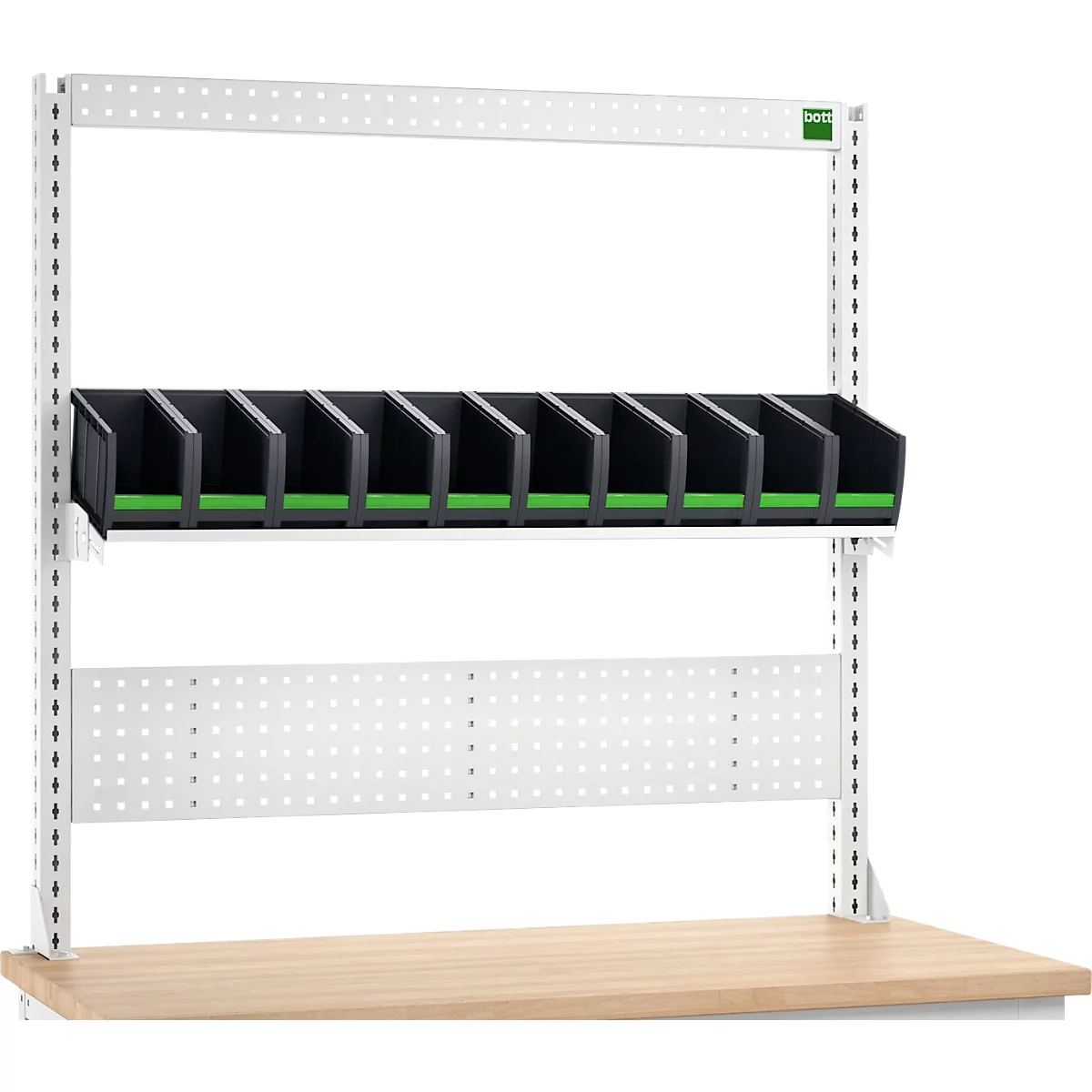 Jeu de cadres de réception Bott verso A6, pour établi verso, plateau perforé, 10 bottBox, L 1350 x P 435 x H 1357 mm, tôle d'acier, RAL 7035 gris clair