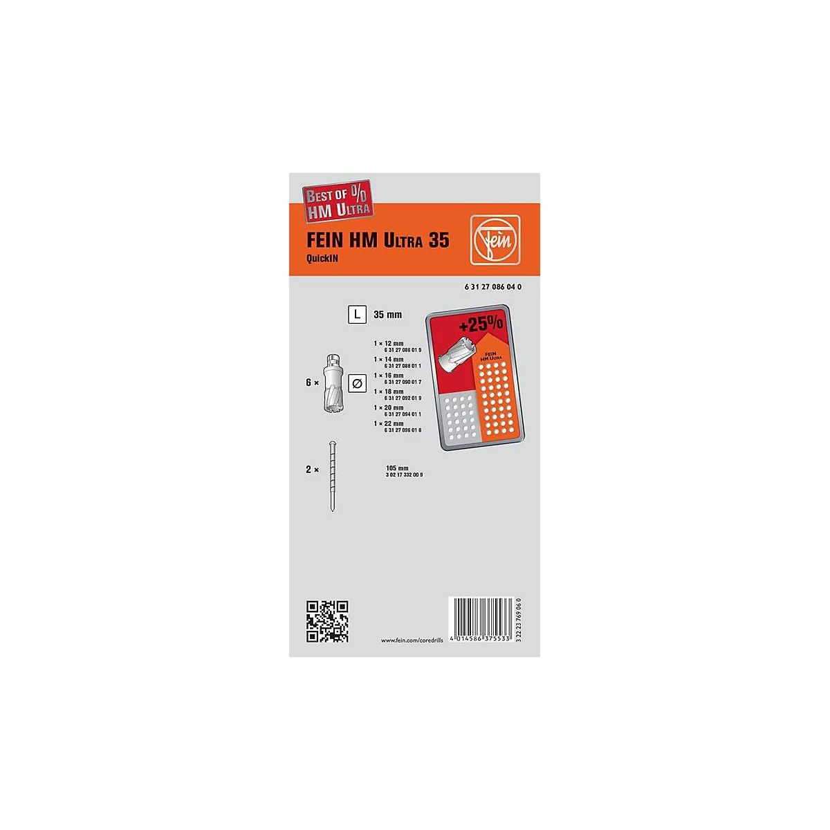Carte produit avec détails de perceuse, texte : FEIN HM Ultra 35, QuickIN, dimensions et code produit.