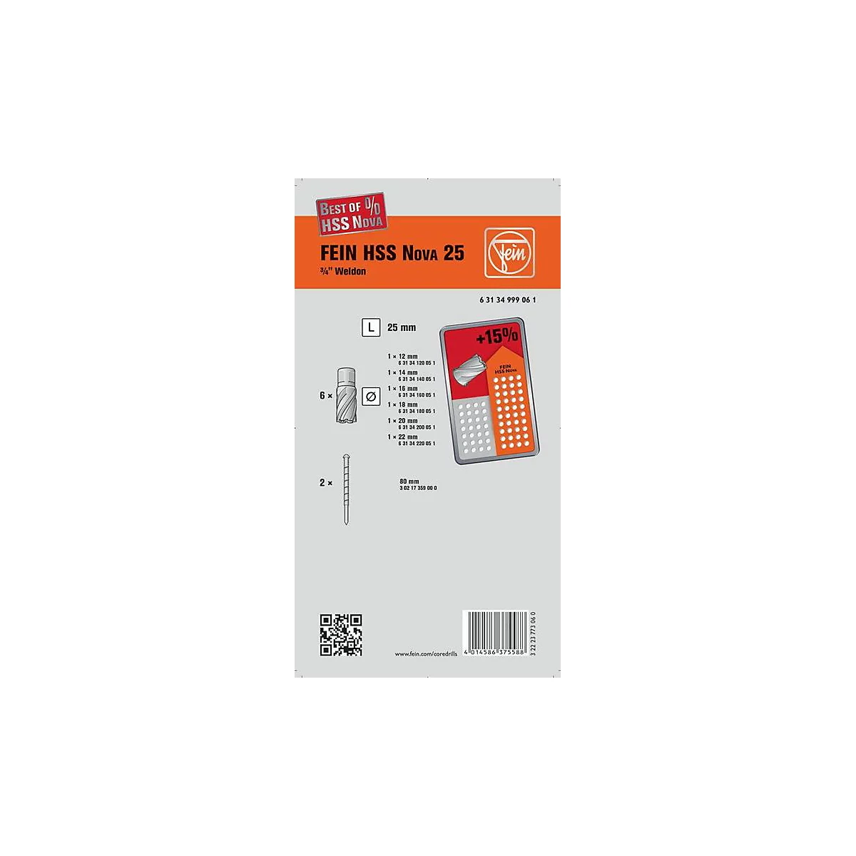 Emballage du produit avec des images du produit et des détails techniques. L'emballage affiche l'inscription 'FEIN HSS Nova 25'.