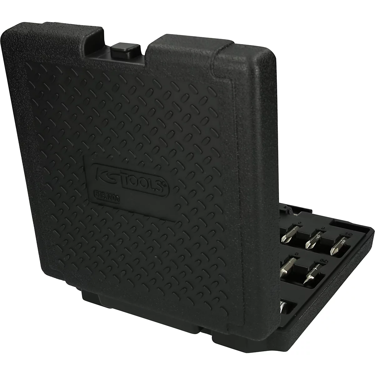 Boîte à outils noire avec couvercle ouvert. Des embouts de tournevis sont à l'intérieur.
