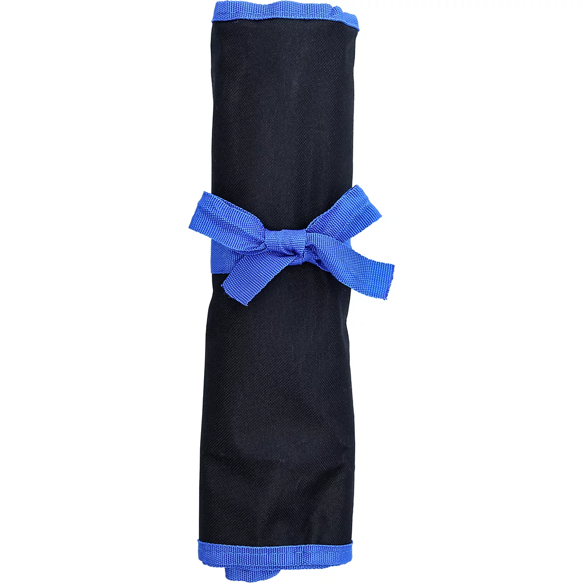 Un sac en tissu noir enroulé avec des bords bleus, attaché au centre par un ruban bleu.