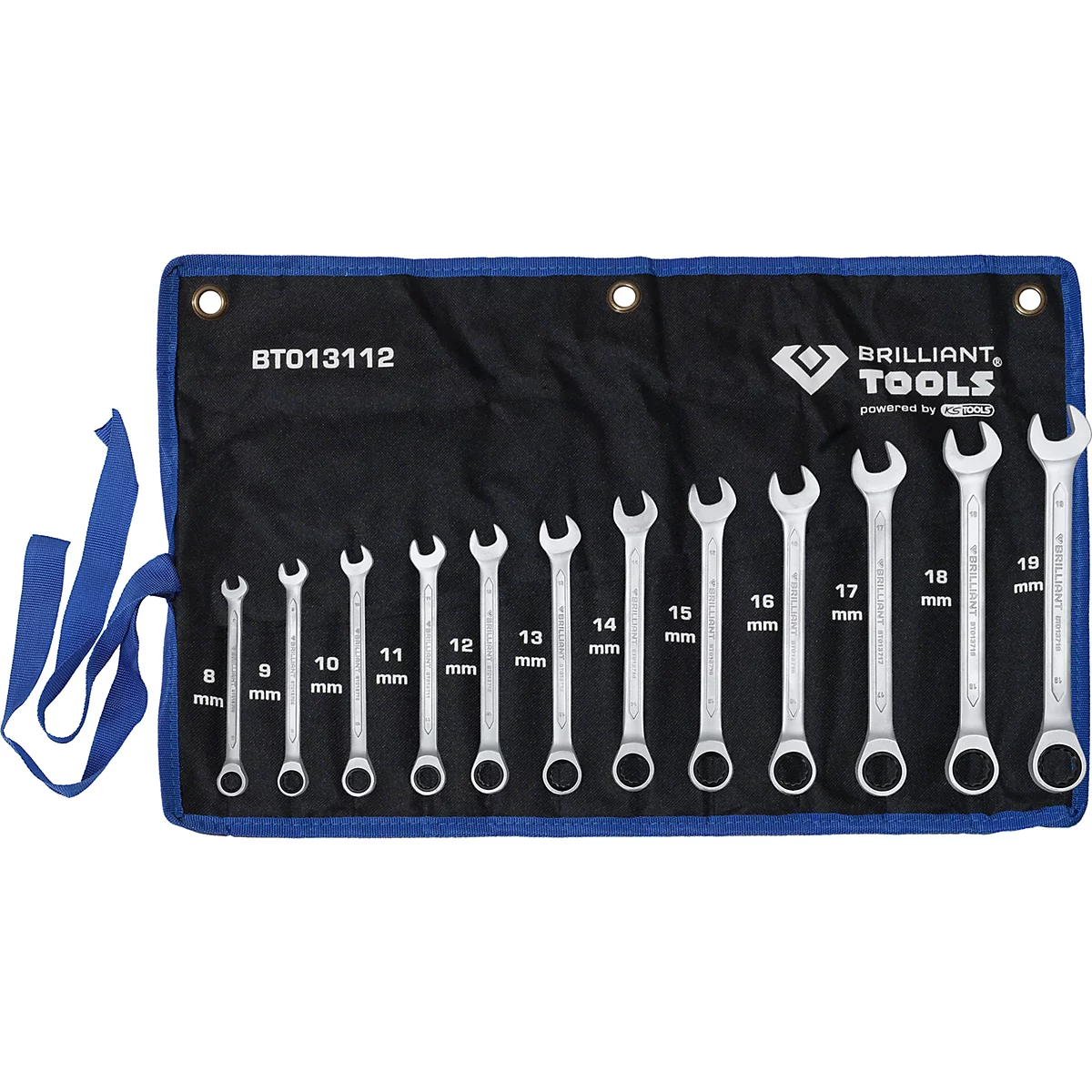 Un ensemble de 12 clés mixtes Brilliant Tools, allant de 8 à 19 mm, rangées dans une trousse à outils noire enroulable.