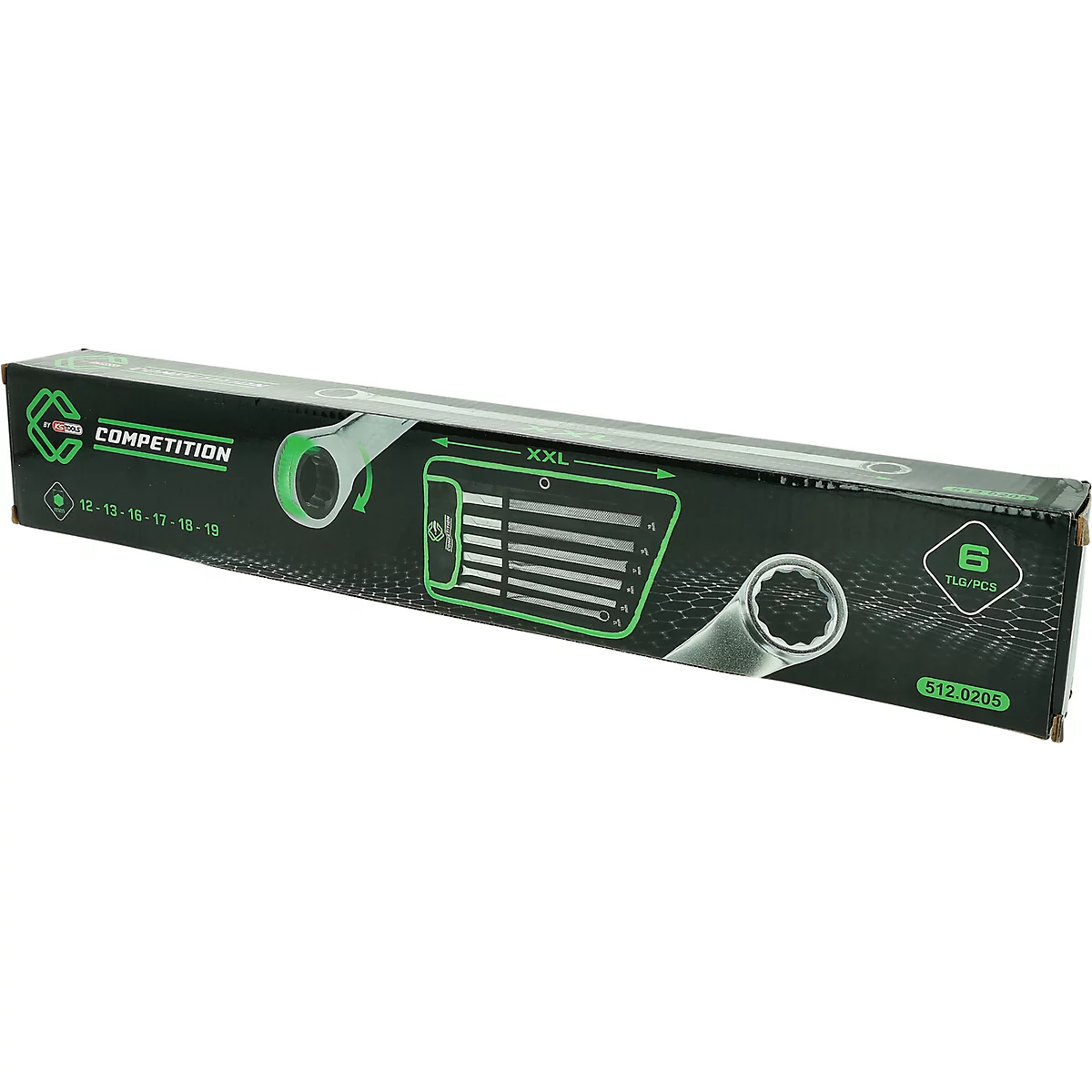 Emballage de produit noir pour un jeu de six clés polygonales XXL avec des accents verts.