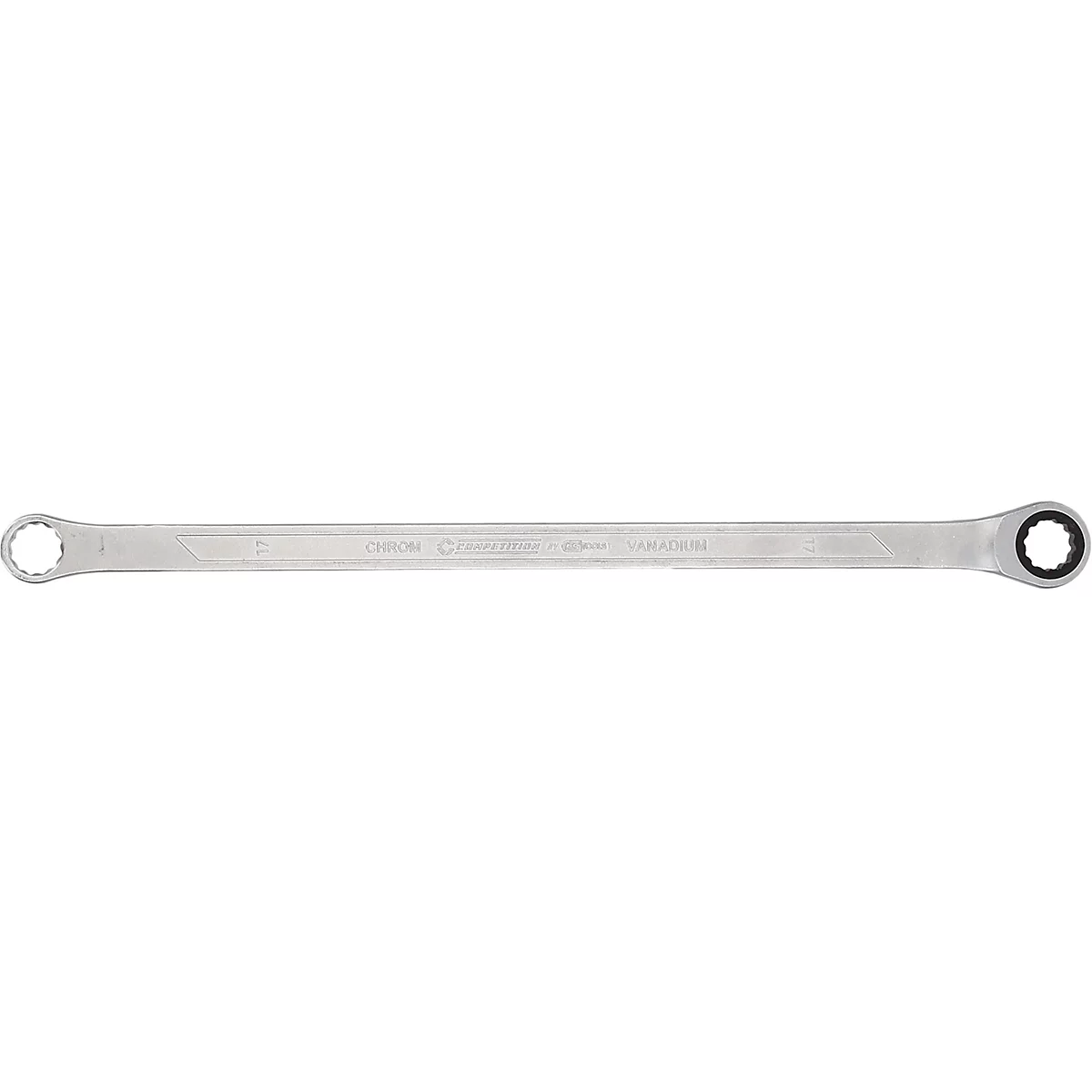 Une clé polygonale à cliquet en argent sur fond blanc.