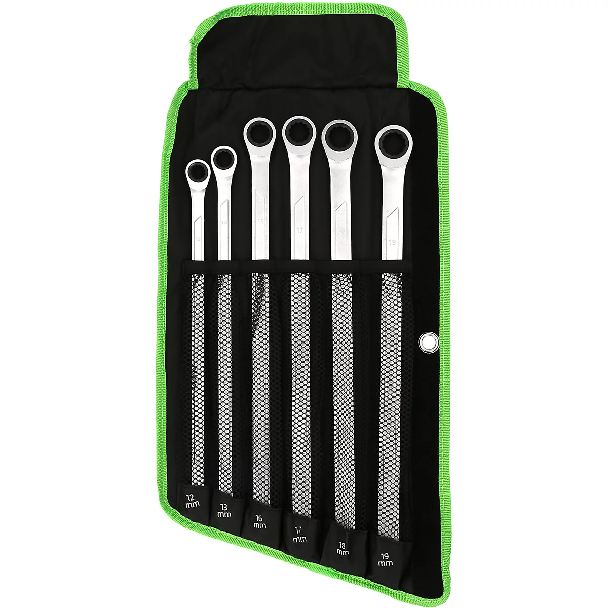 Six clés à cliquet argentées dans une trousse à outils noire enroulable avec bordure verte.