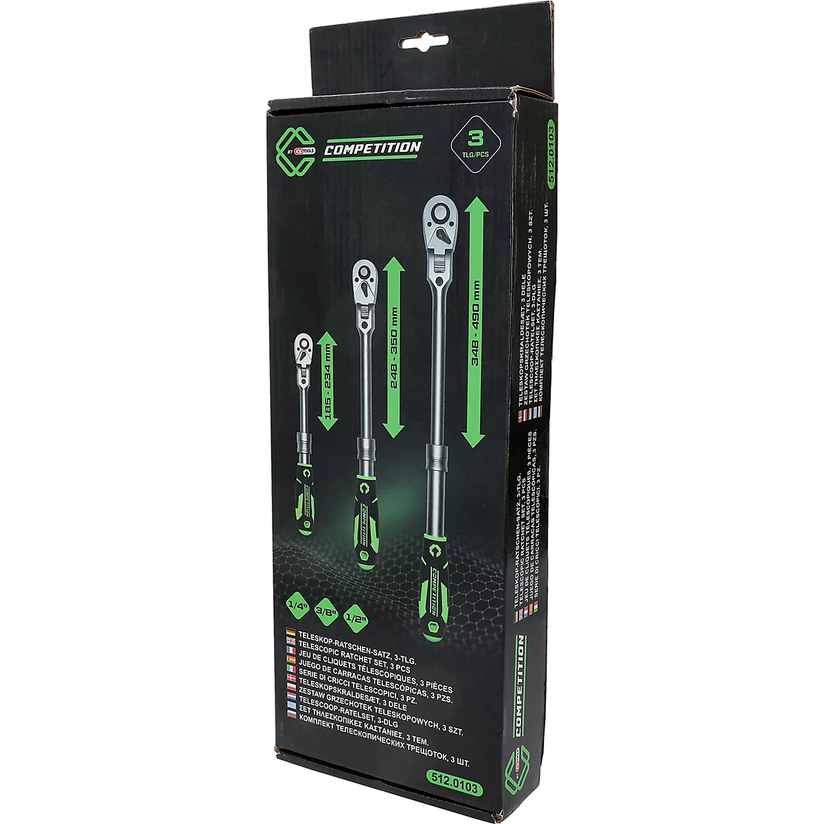 Emballage noir pour un jeu de trois cliquets télescopiques verts, illustrant les outils et leurs dimensions.