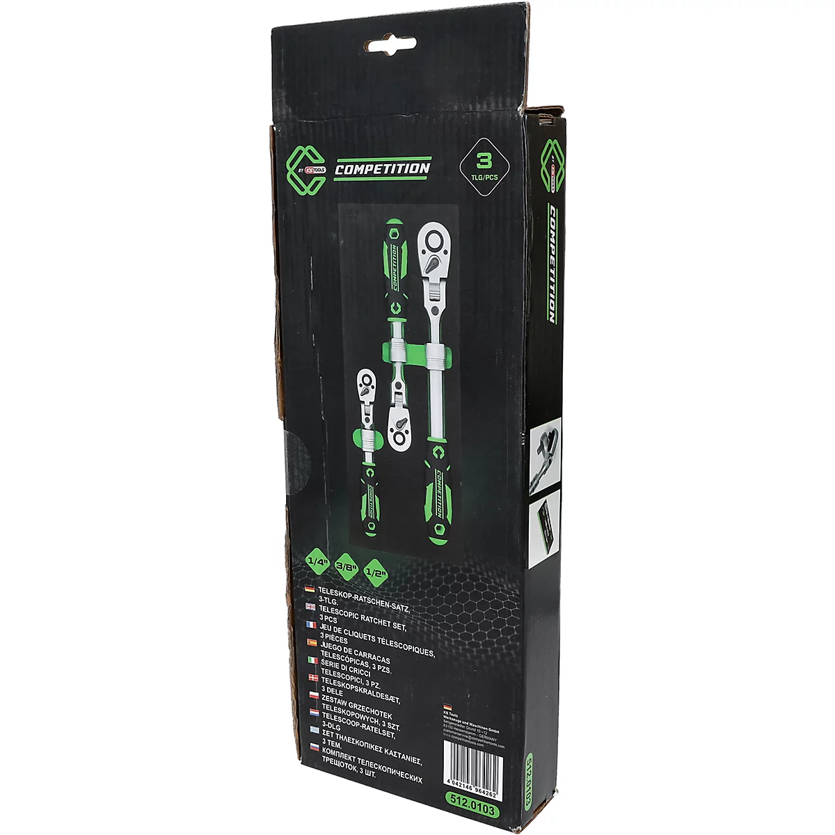 Emballage noir pour un ensemble de 3 cliquets télescopiques avec des accents verts.