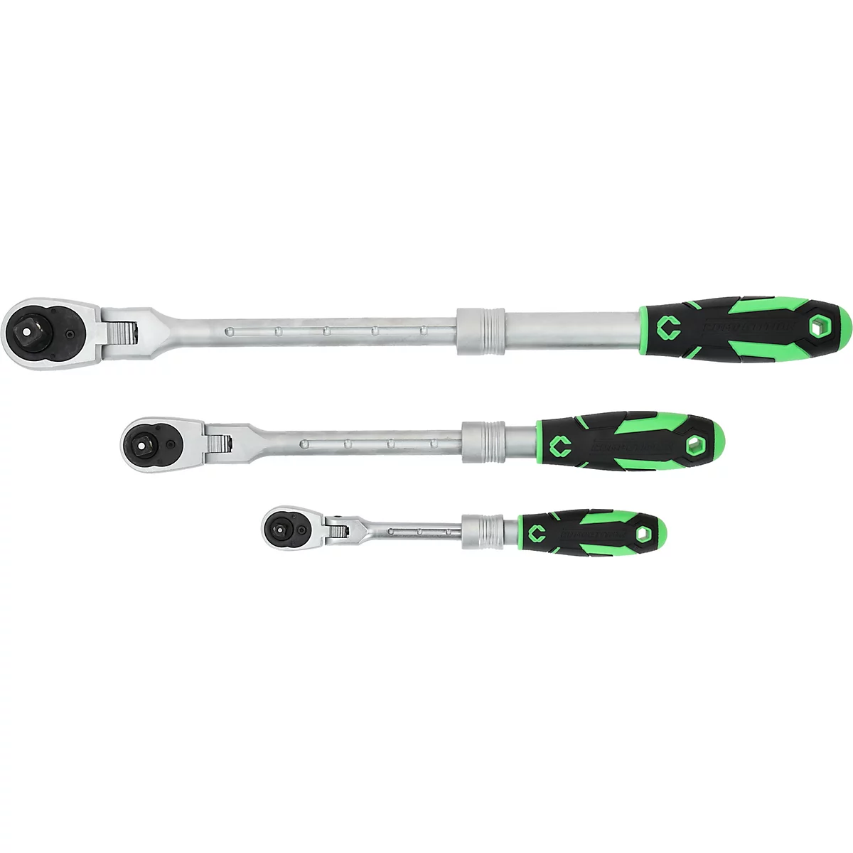 Trois clés à cliquet de différentes tailles avec poignées en plastique noir et accents verts.