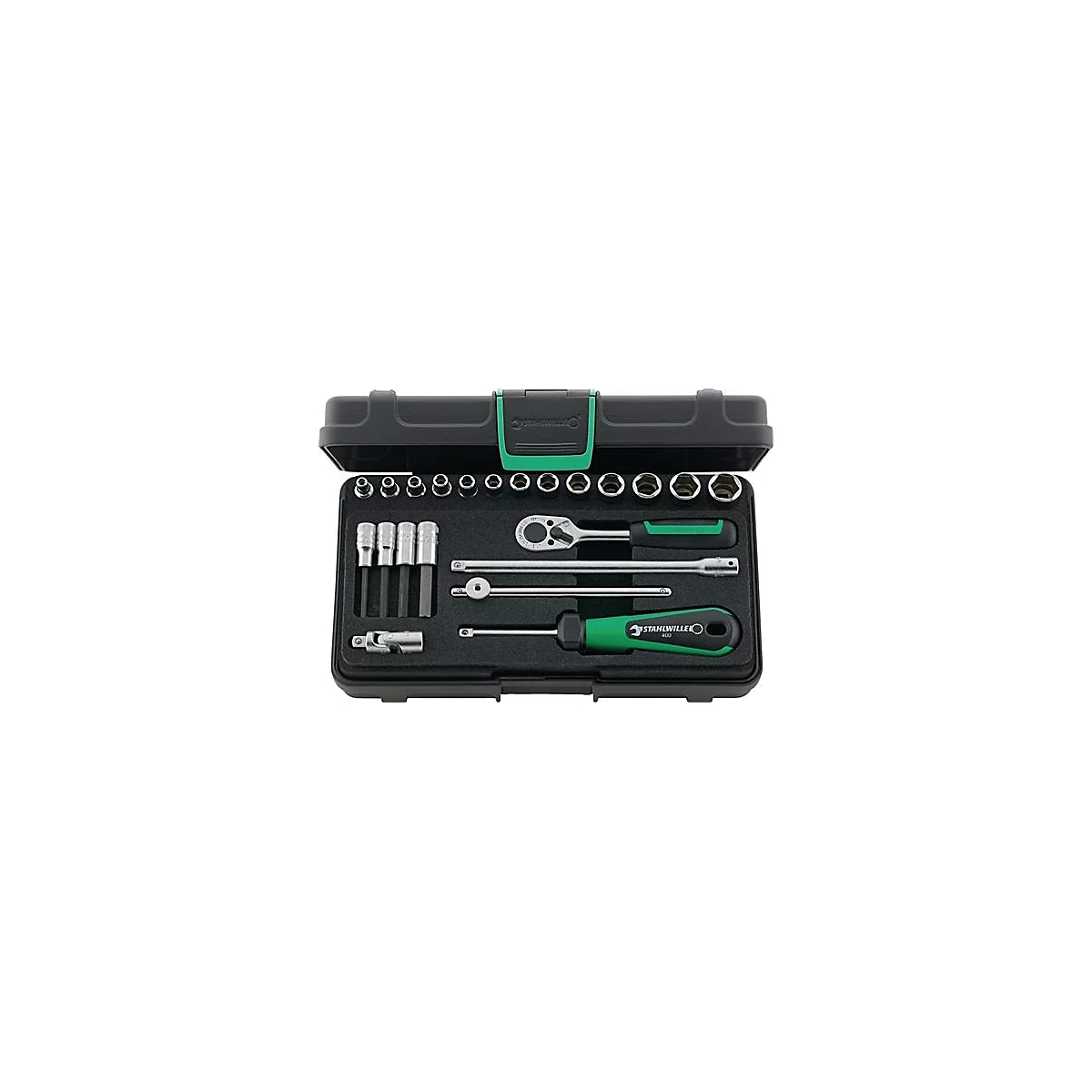 Boîte à outils contenant diverses clés, cliquets et rallonges. Le boîtier est noir avec des accents verts. Marque d'outils : STAHLWILLE.