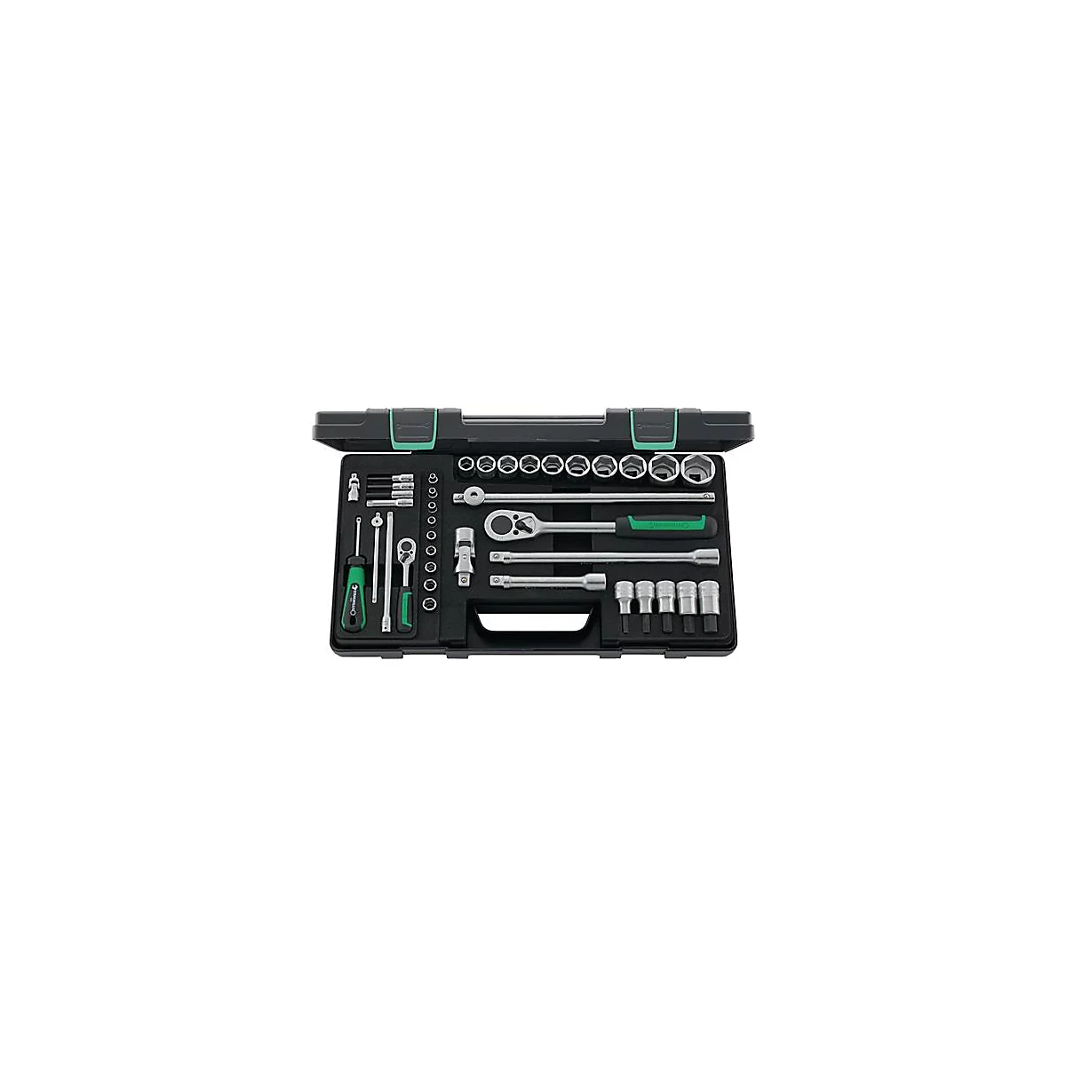 Boîte à outils noire avec une variété d'outils, notamment des douilles, des tournevis et des rallonges.