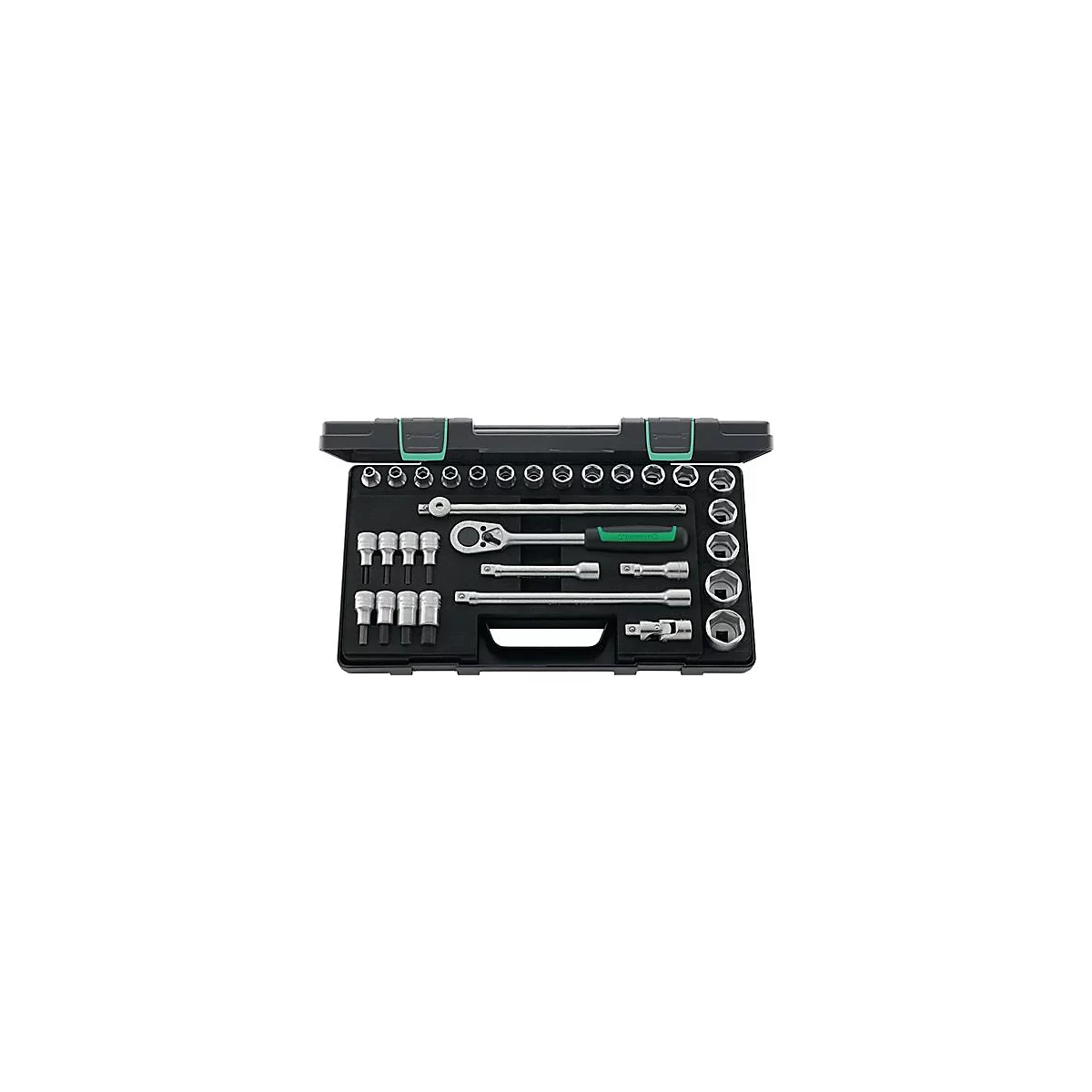 Boîte à outils ouverte avec différentes clés, rallonges et accessoires.