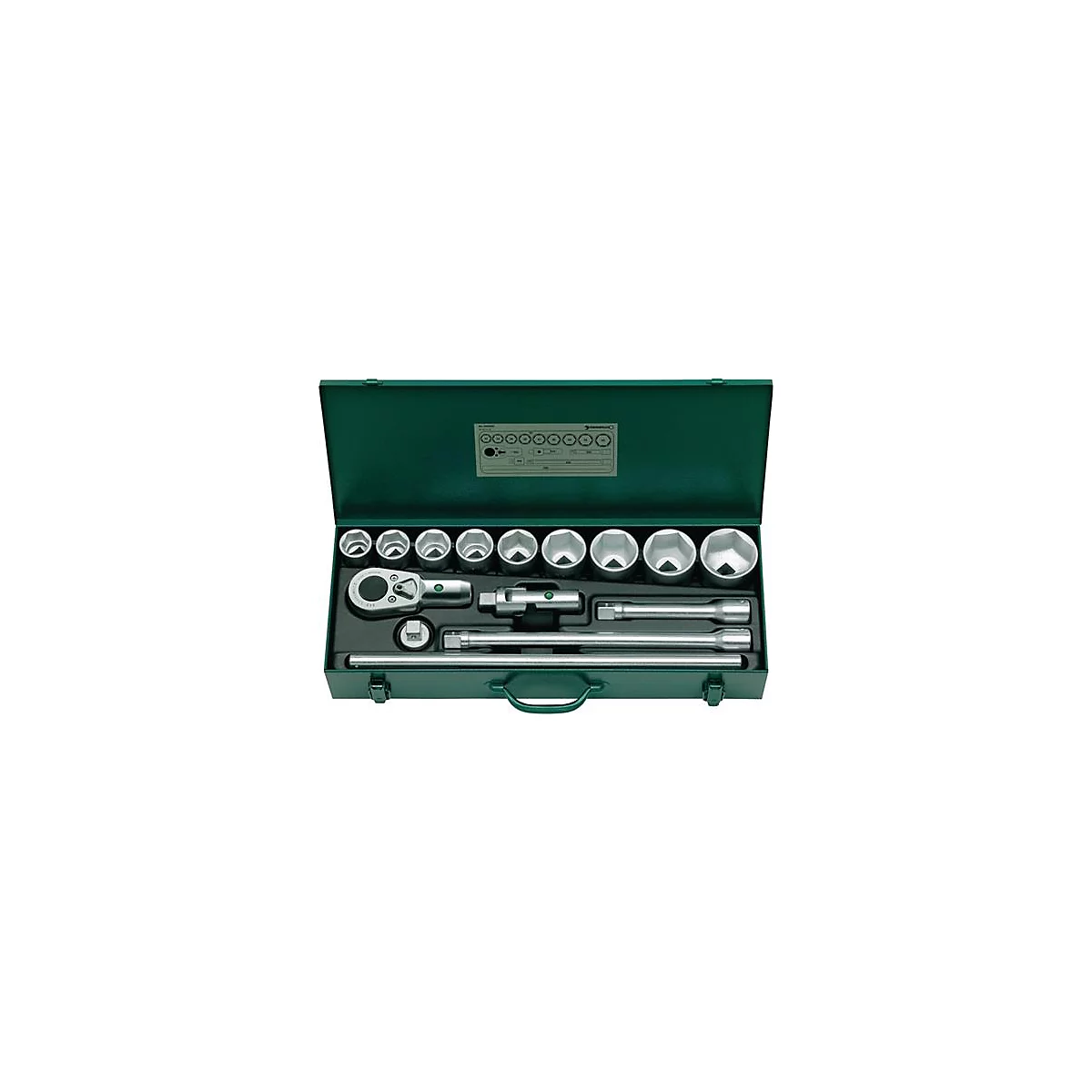 Mallette à outils avec outils : cliquet, rallonge, douilles. Coffret vert.