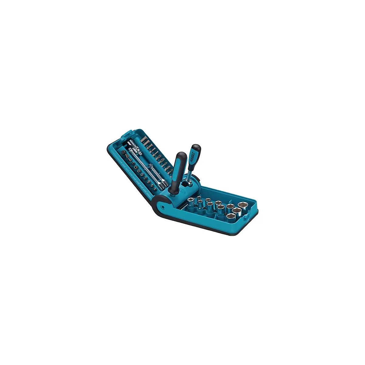 Mallette à outils turquoise avec clés, embouts et cliquets. L'étui est ouvert.