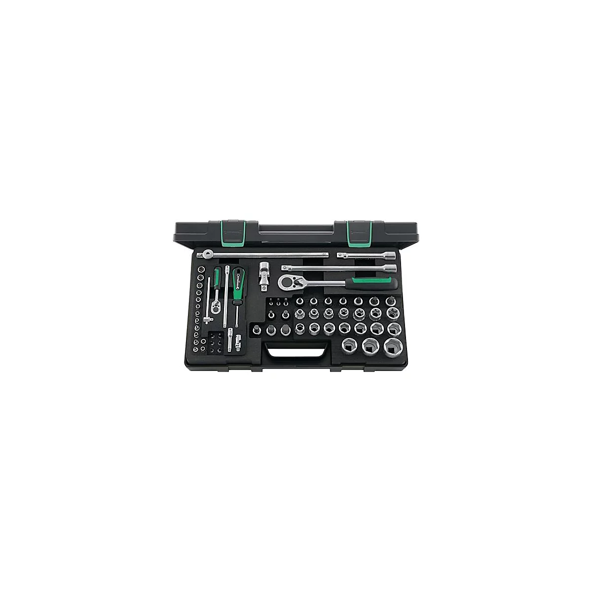 Boîte à outils, ouverte, remplie de douilles et d'accessoires. Poignées d'outils vertes.