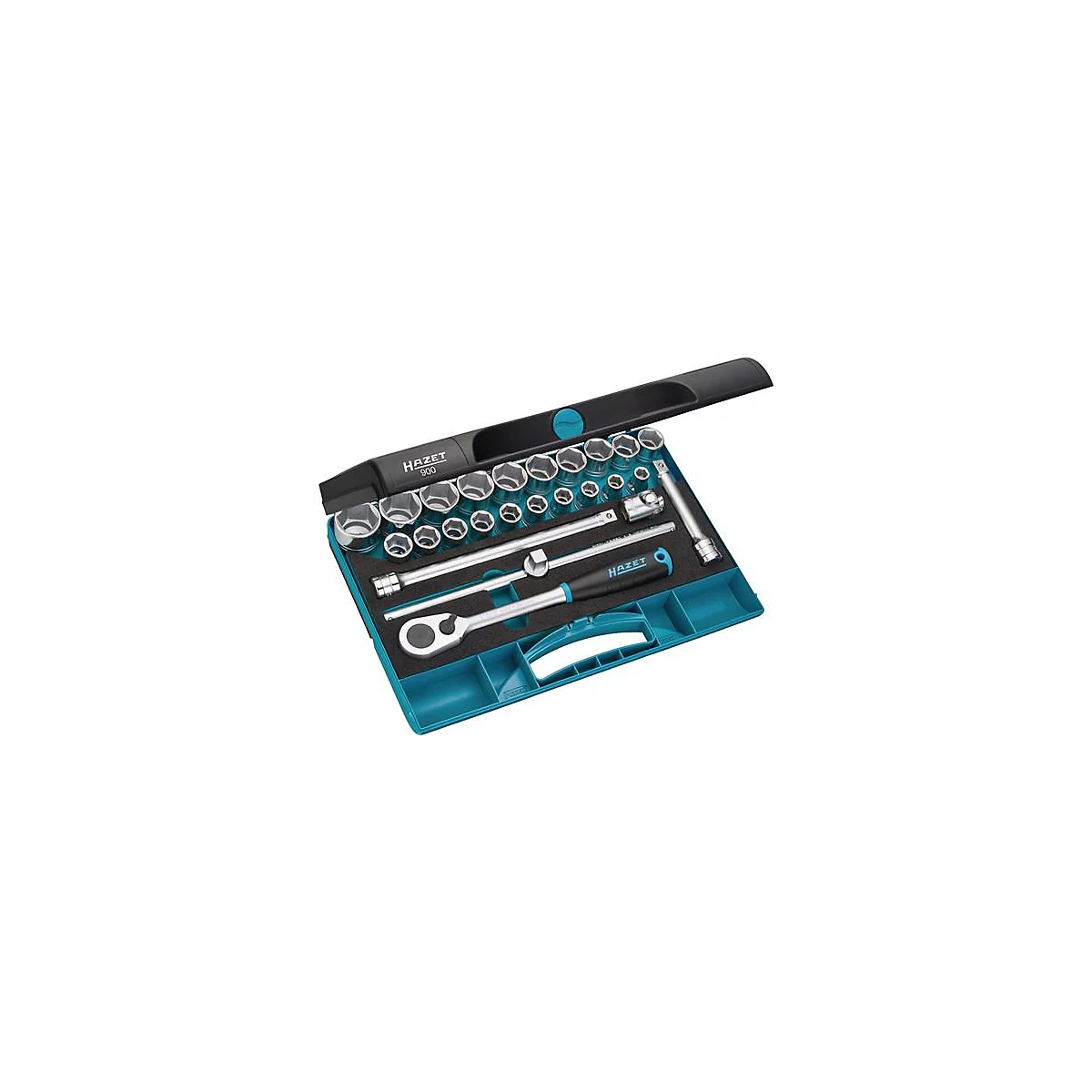 Boîte à outils avec jeu de douilles de Hazet. La boîte est bleue et noire. Le contenu se compose d'une variété de douilles et d'accessoires.