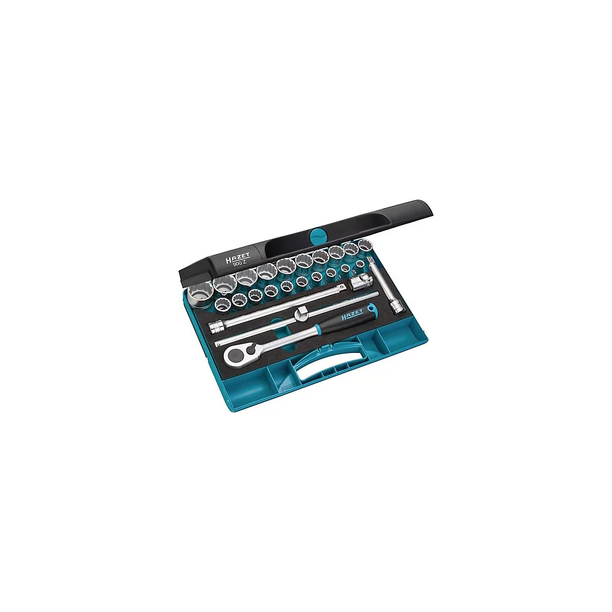 Mallette à outils avec différents douilles et outils. Mallette noire avec insert bleu. Lettrage HAZET 900 Z.