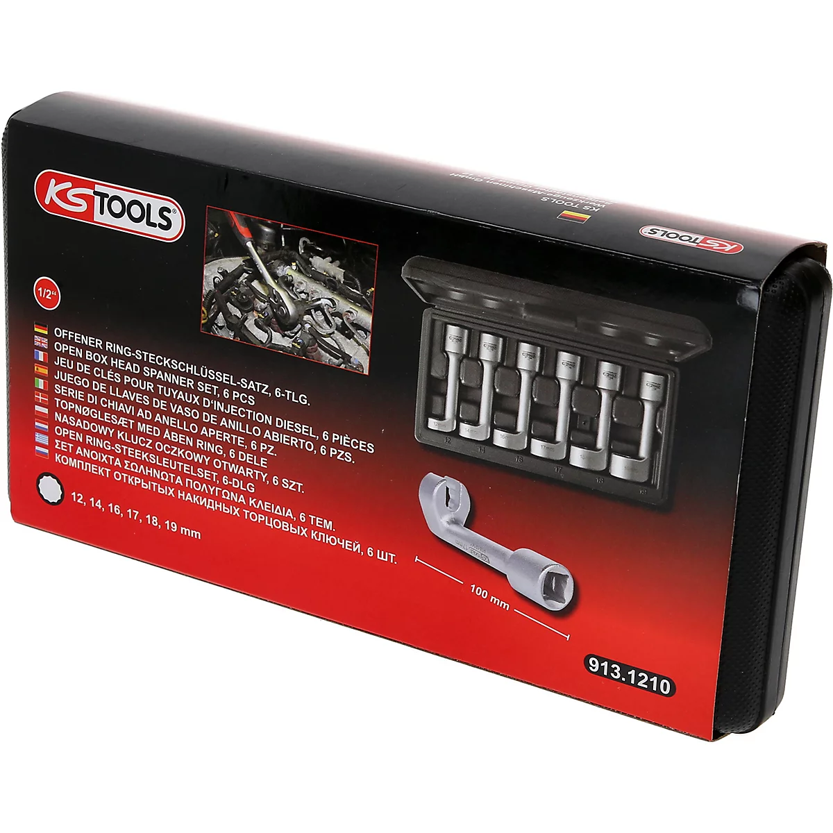 Boîte à outils avec jeu de clés à œil, en noir et rouge, avec informations sur le produit.