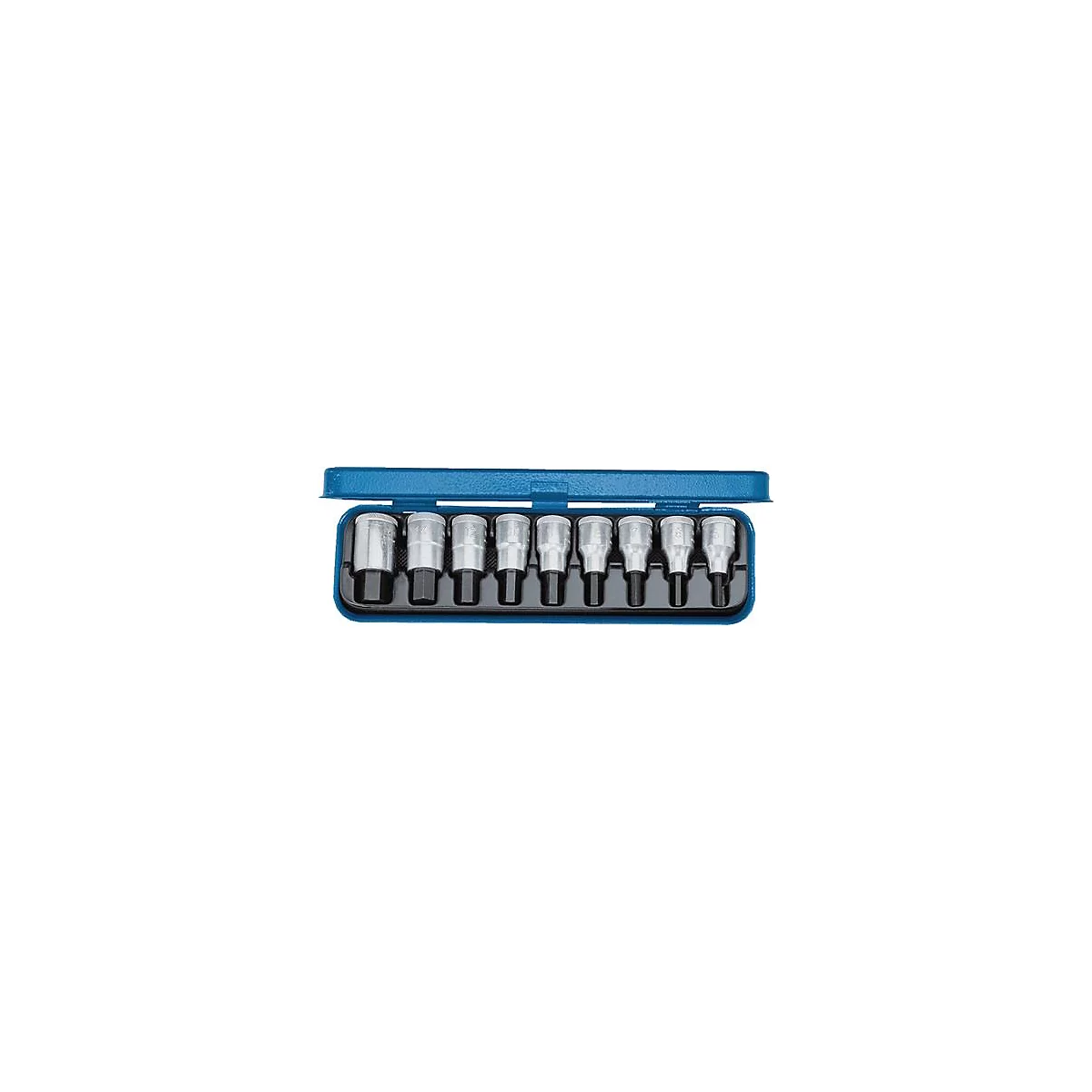 Une boîte à outils bleue ouverte contenant une rangée de douilles métalliques.