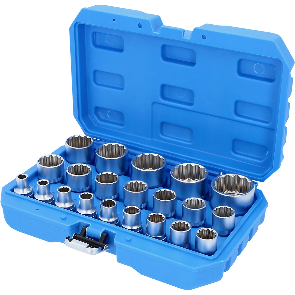 Mallette à outils bleue ouverte, contenant un assortiment de douilles argentées.