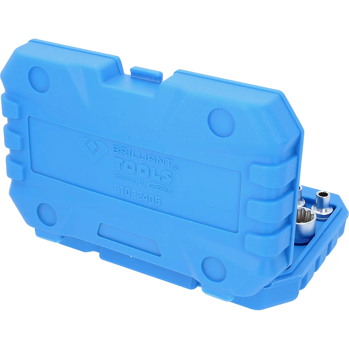 Mallette à outils en plastique bleu avec logo Brilliant Tools, légèrement ouverte avec des douilles métalliques visibles.