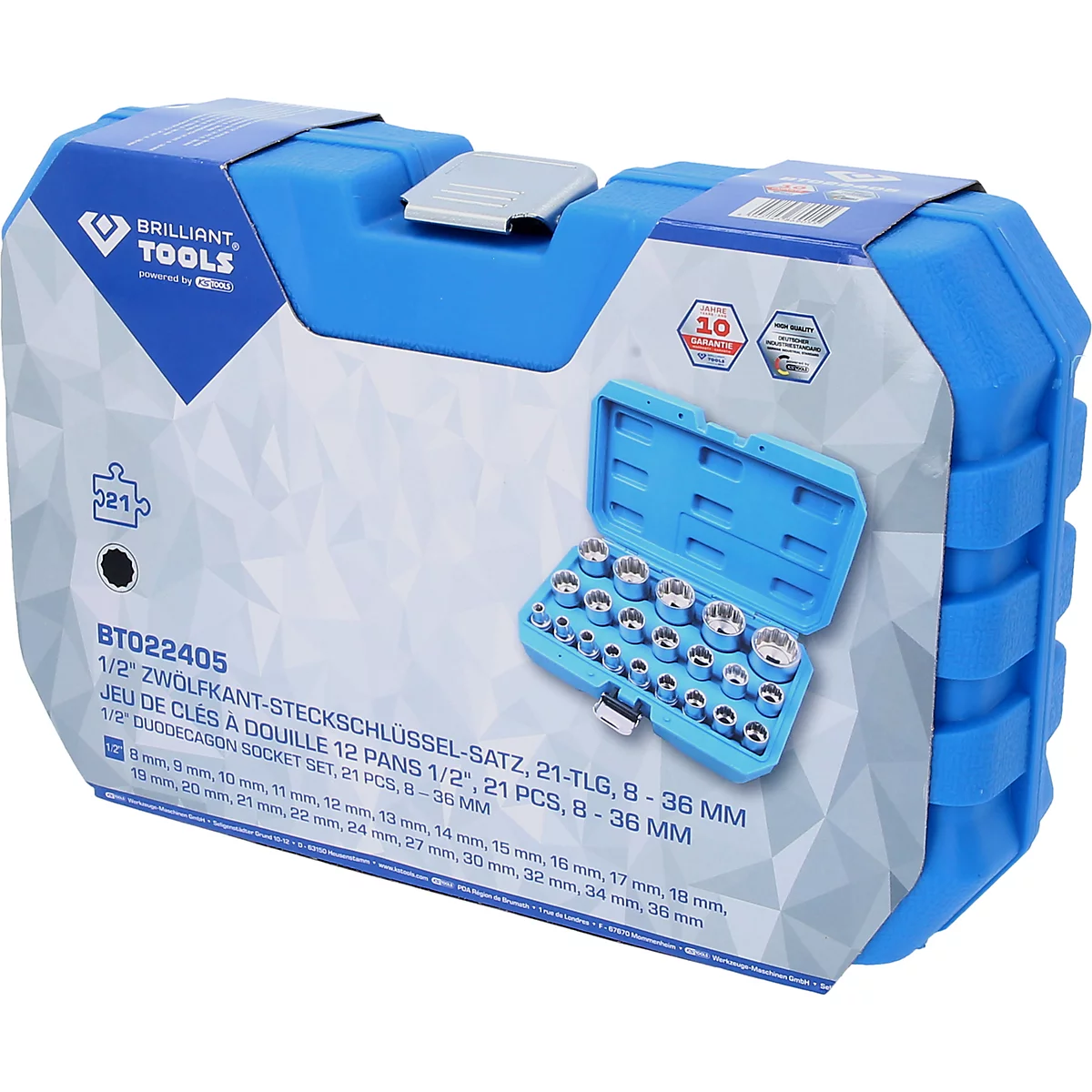 Coffret bleu Brilliant Tools avec jeu de 21 douilles 12 pans 1/2 pouce de 8 à 36 mm.
