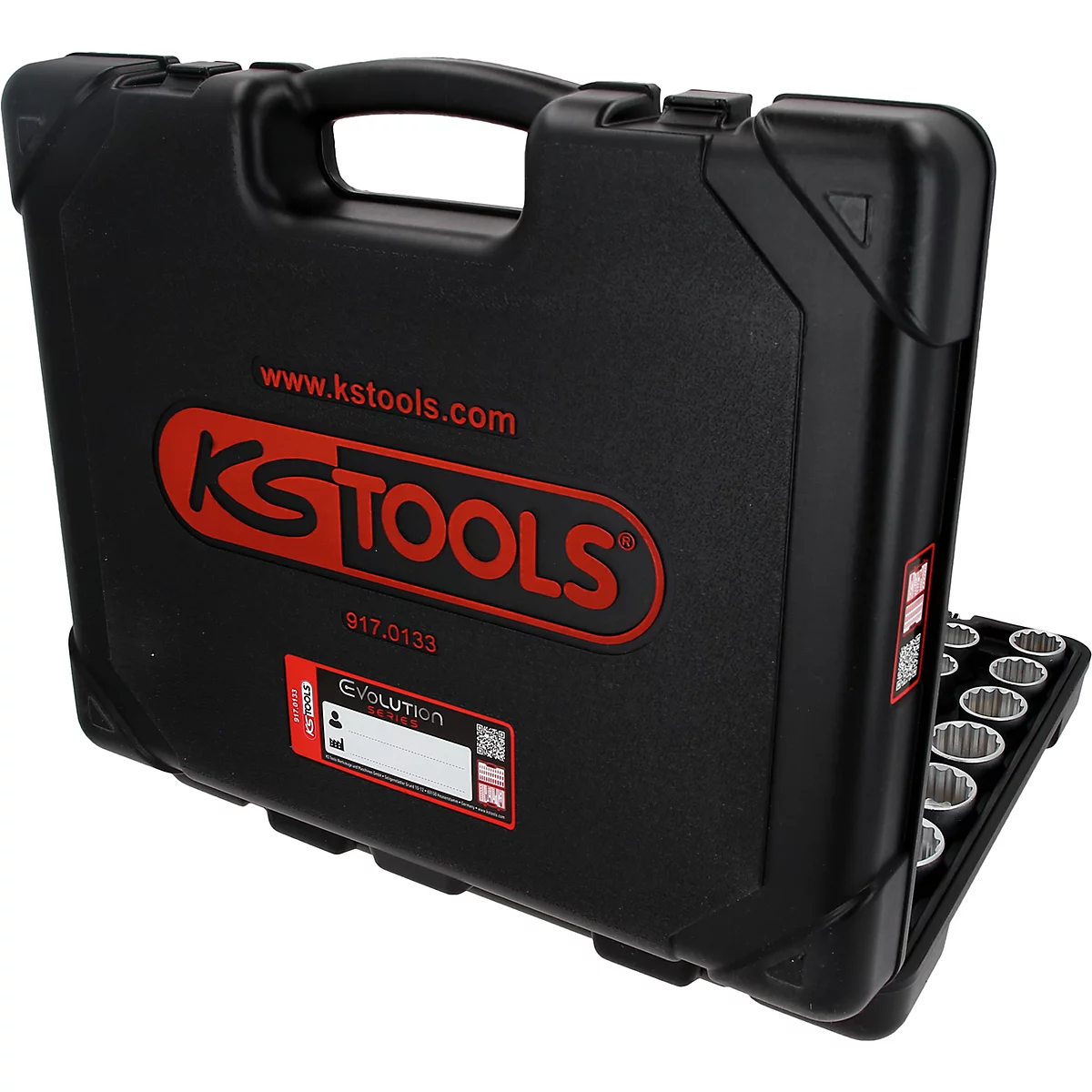 Mallette à outils KS TOOLS noire en plastique avec logo rouge et contenu visible sur le côté droit.