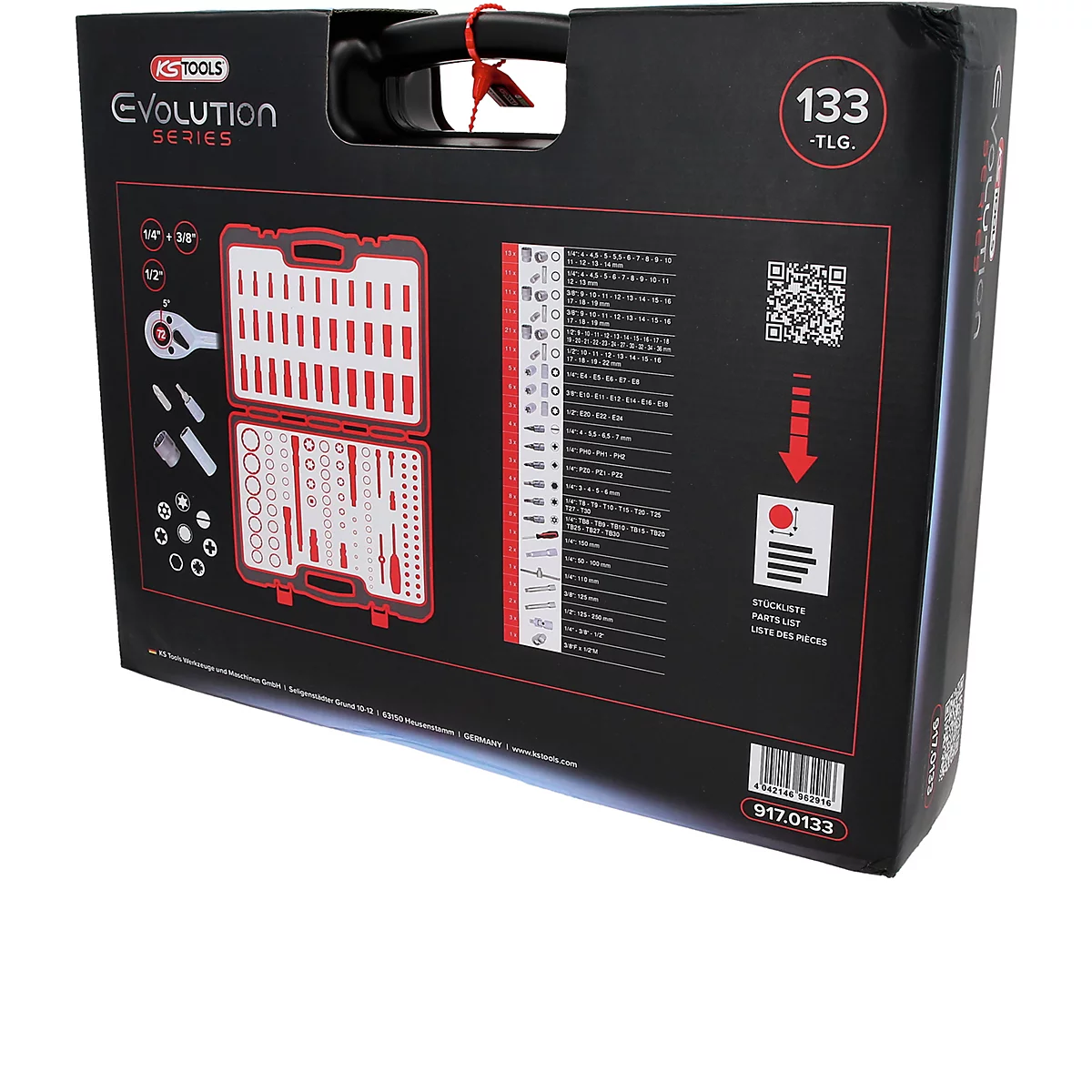 Mallette de transport noire KS Tools Evolution Series contenant 133 outils, avec liste détaillée du contenu sur la boîte.