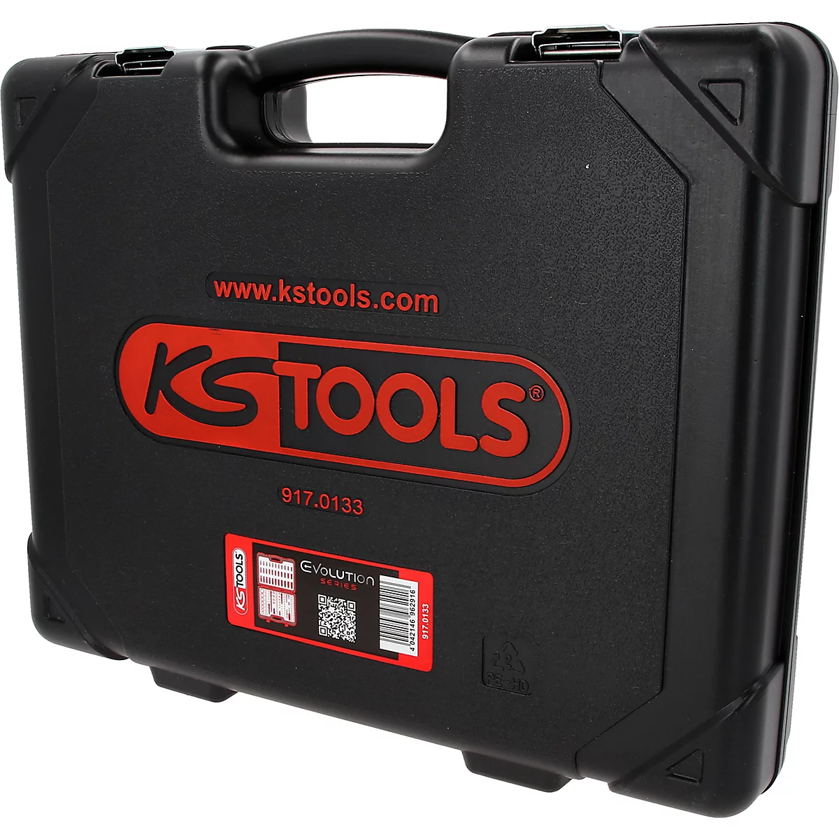 Mallette à outils noire de KS Tools avec logo rouge et informations sur le produit sur fond blanc.
