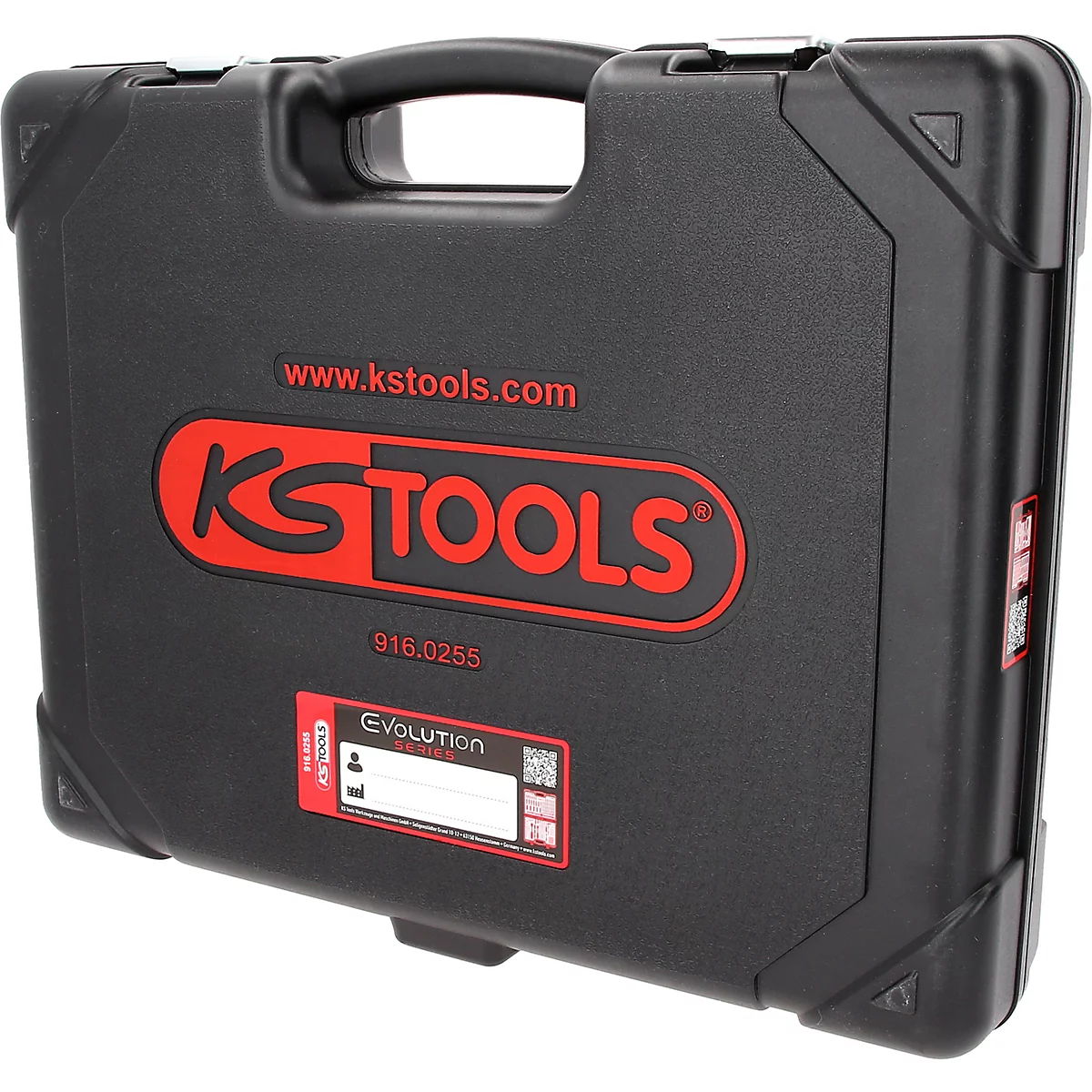 Mallette à outils en plastique noir KS TOOLS avec logo et inscription rouges sur fond clair.