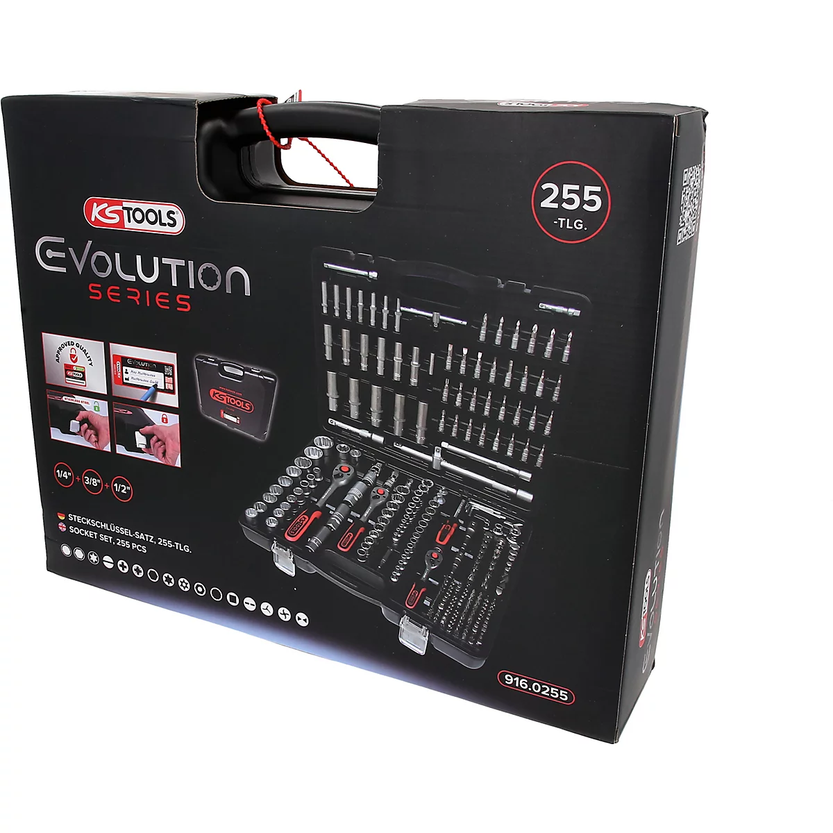 Coffret noir du jeu de douilles 255 pièces KS Tools Evolution Series, vue de face.