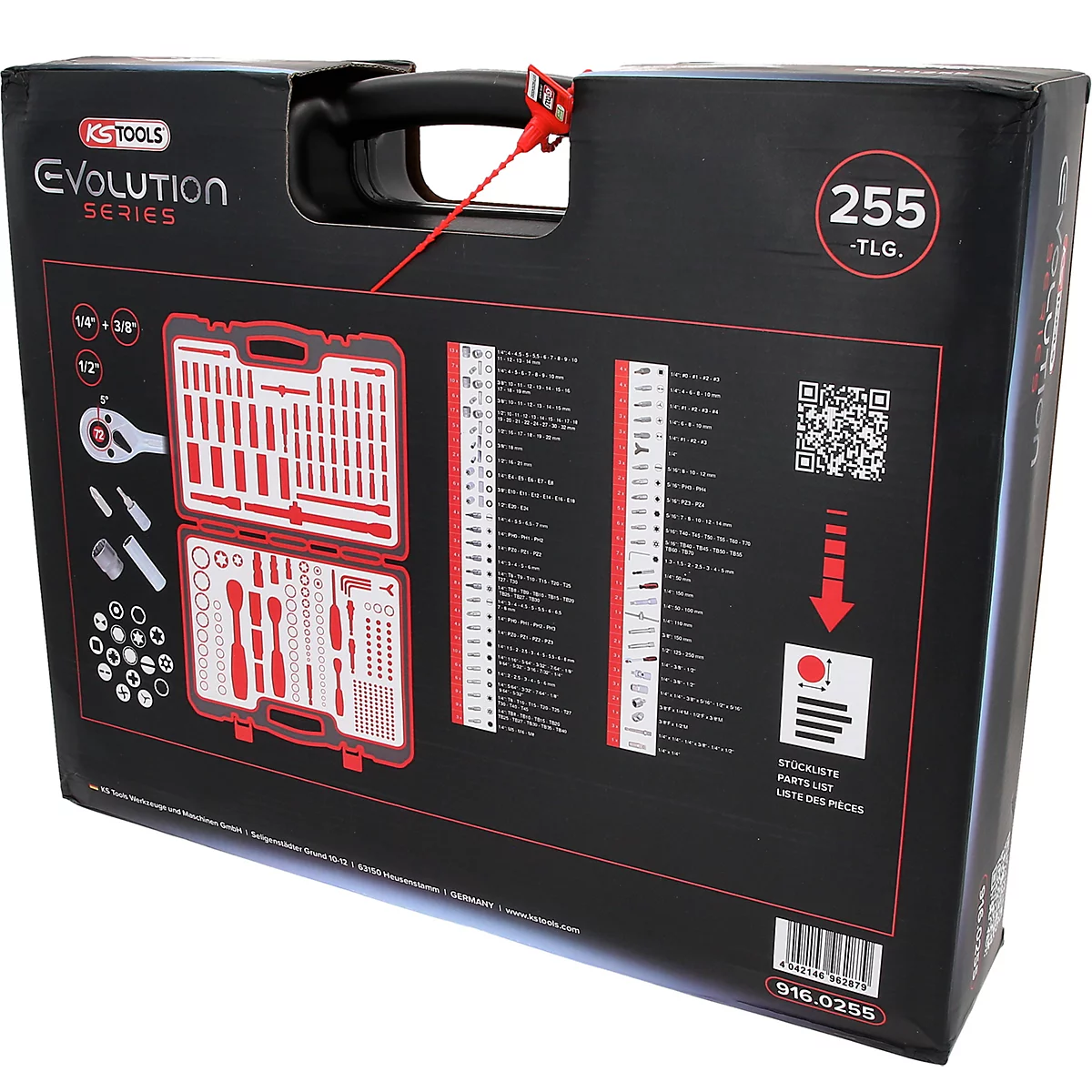 Mallette à outils noire de 255 pièces de KS Tools avec logo rouge et liste détaillée du contenu sur le devant.