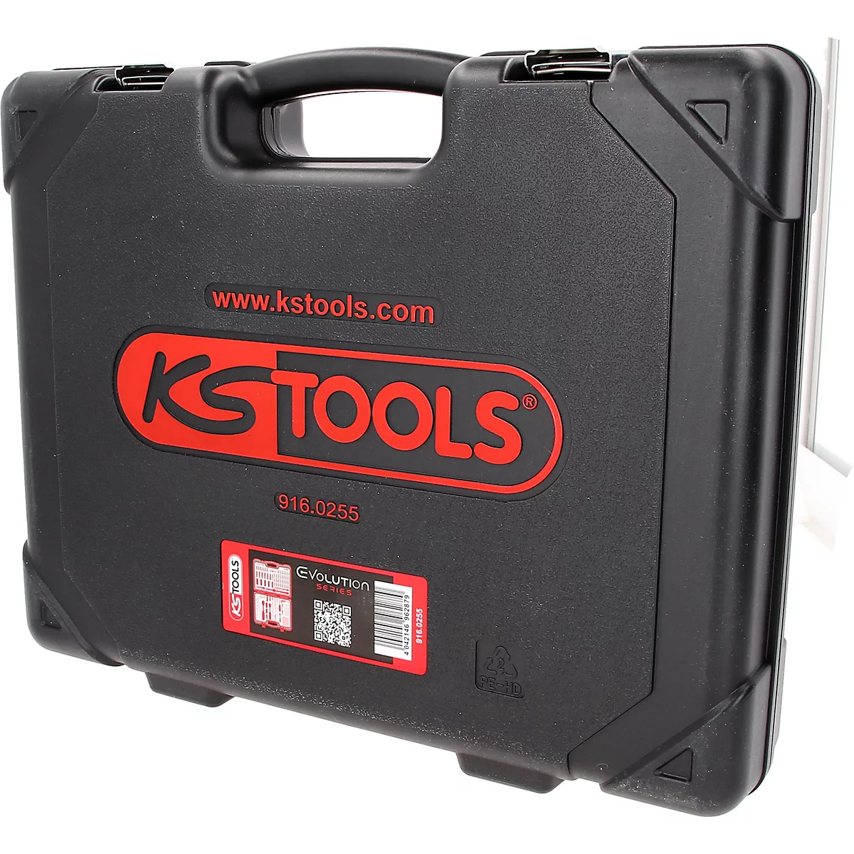 Mallette à outils noire en plastique KS TOOLS avec logo rouge et autocollant sur fond clair.