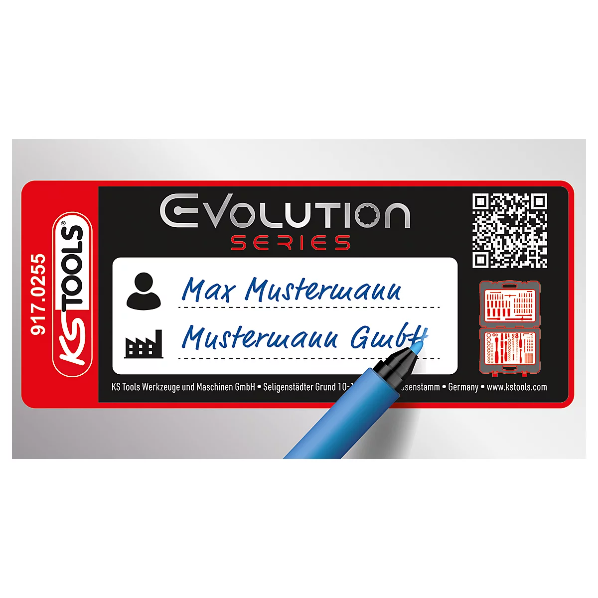 Étiquette KS Tools Evolution Series avec espace pour le nom et l'entreprise, écrite avec un stylo bleu.