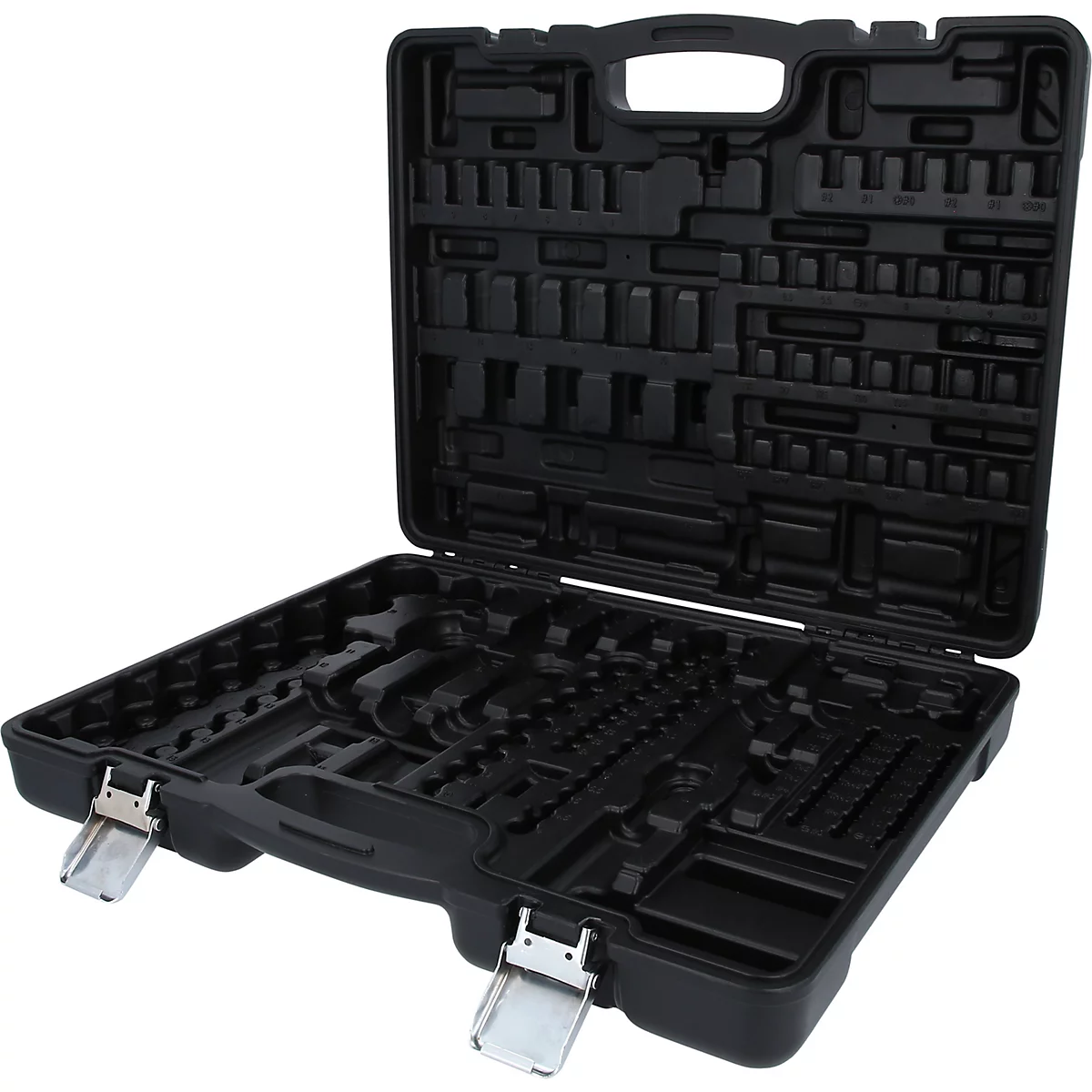 Mallette à outils noire vide en plastique avec deux fermetures métalliques argentées et des compartiments moulés.