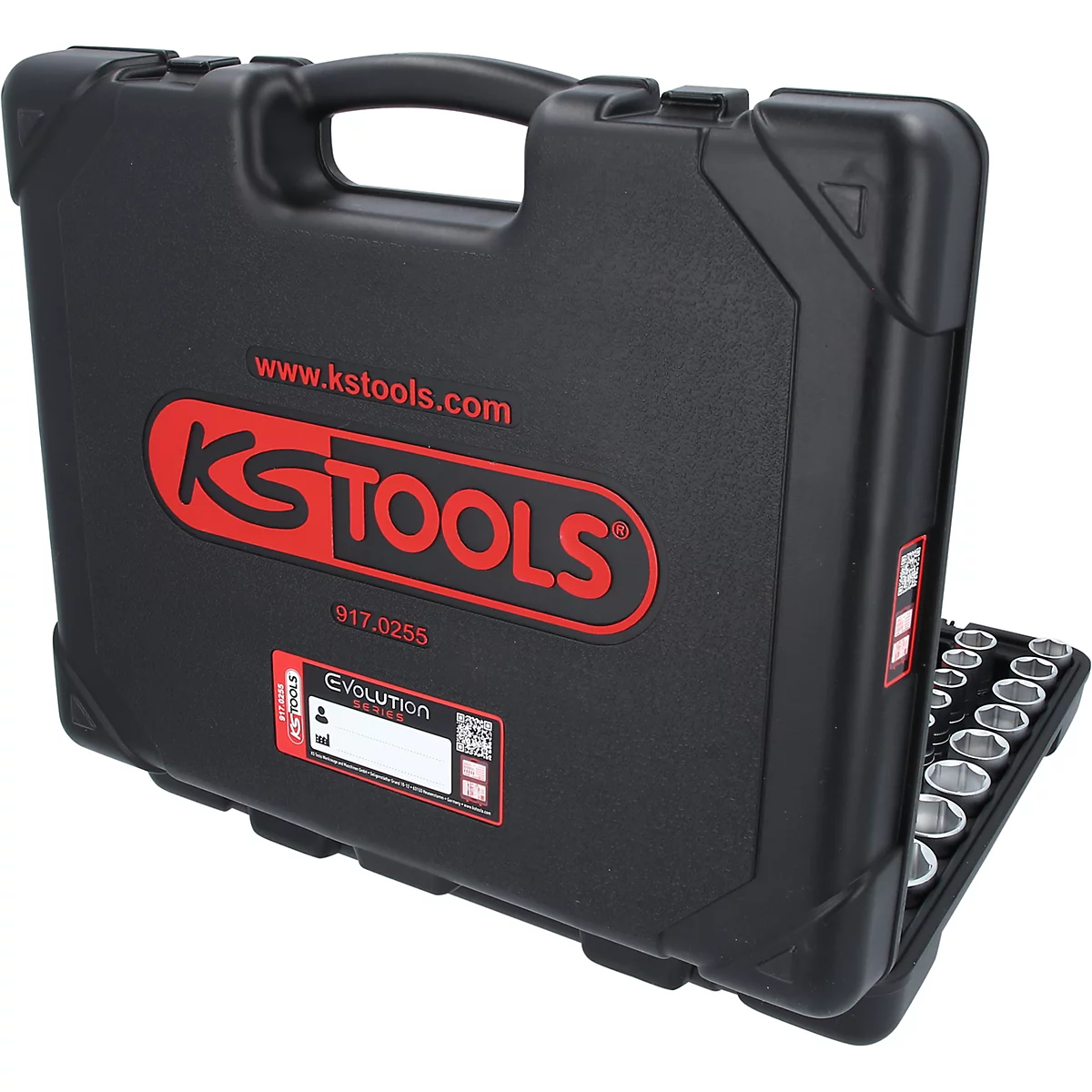 Mallette à outils noire KS Tools avec logo rouge et étiquette, partiellement ouverte.
