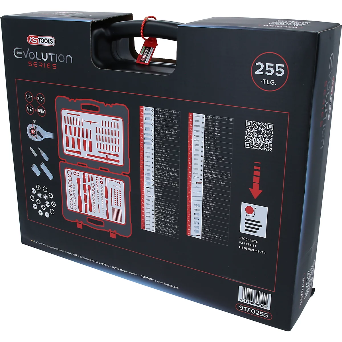 Mallette à outils noire de la série KS Tools Evolution avec 255 pièces, incluant une liste d'inventaire et un QR code.