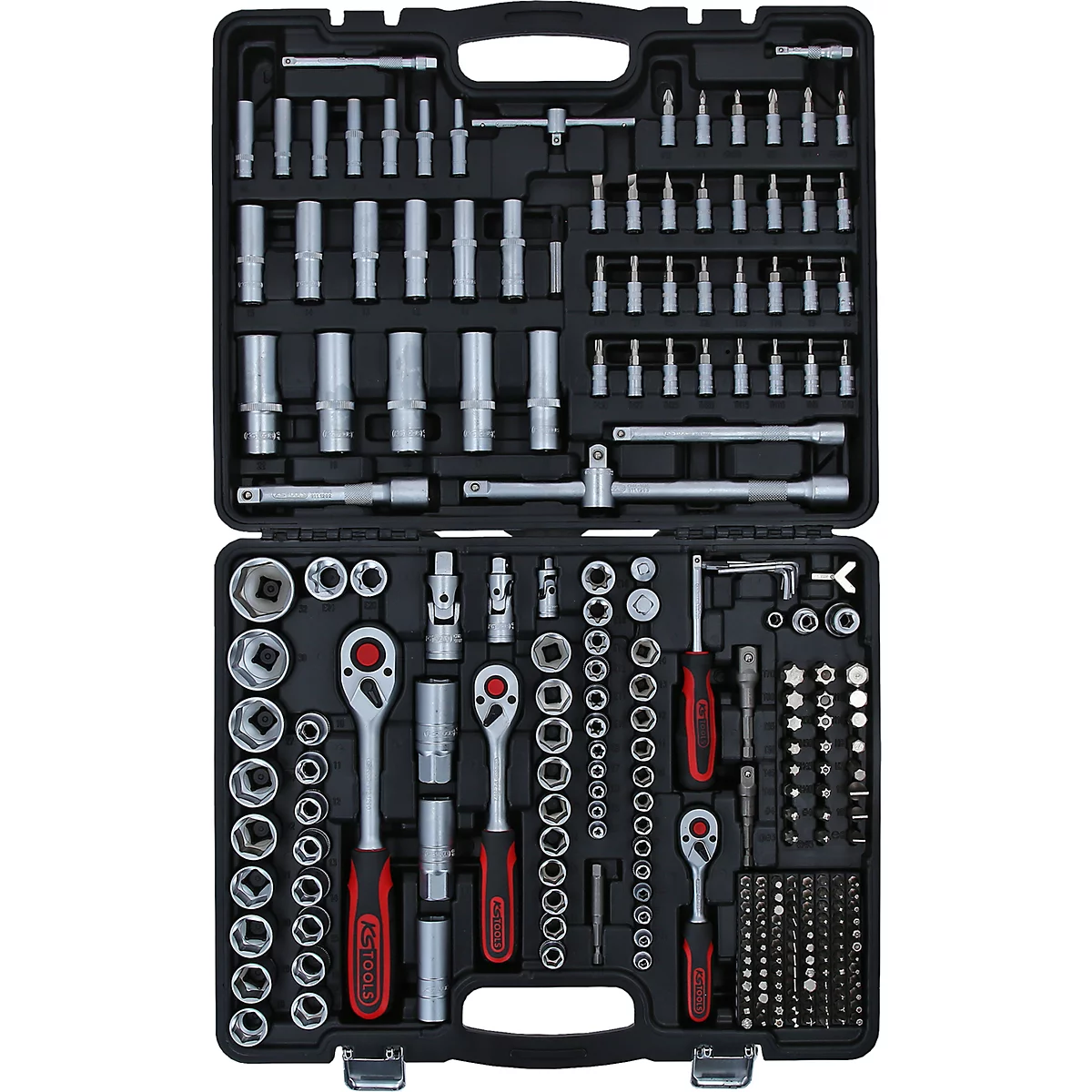 Grande mallette à outils noire contenant un jeu complet de clés à douille et d'embouts de vissage.