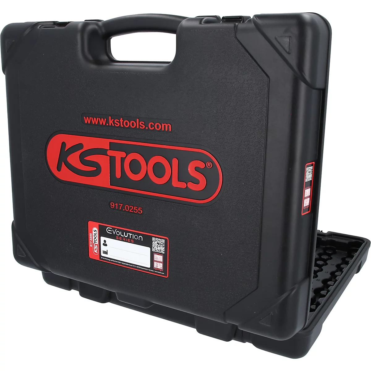 Mallette à outils en plastique noir avec logo rouge KS TOOLS et autocollant Evolution Series.