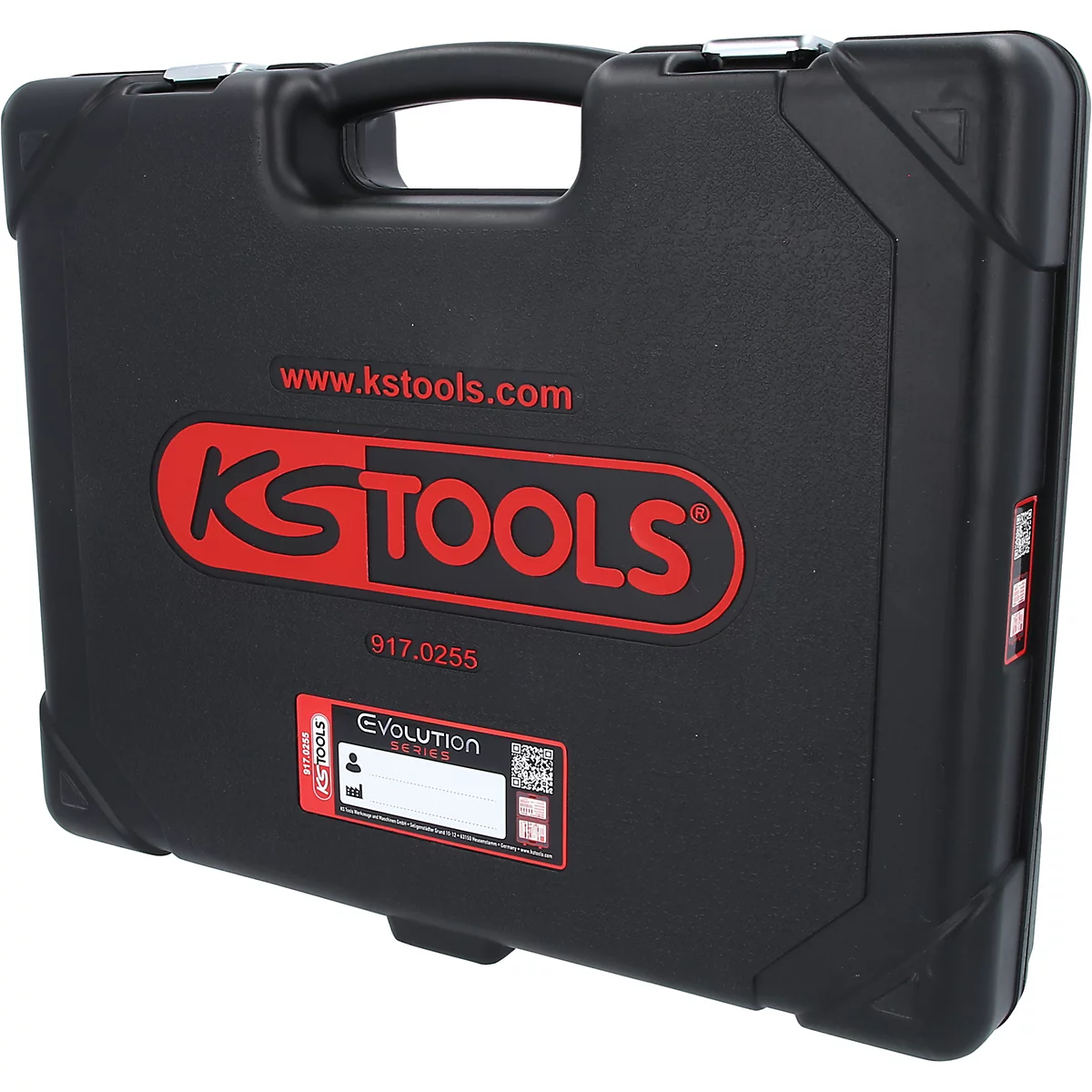 Mallette à outils noire KS Tools avec logo rouge et nom de marque sur fond neutre.