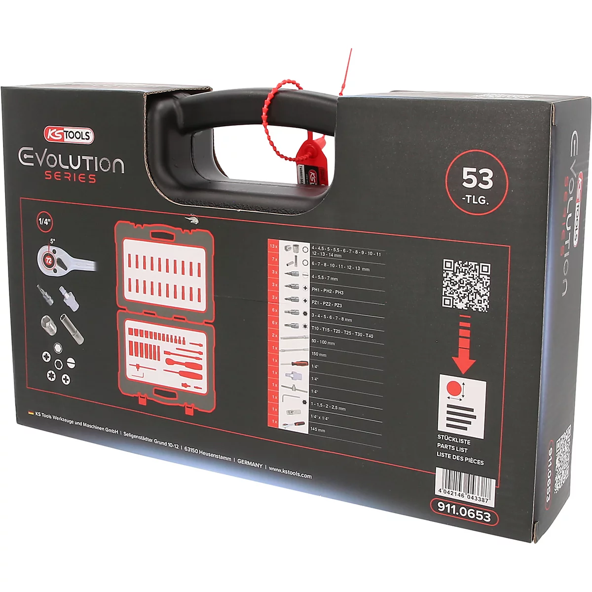 Mallette à outils noire de la série Evolution de KS Tools avec 53 pièces, comprenant un aperçu du contenu et une poignée.