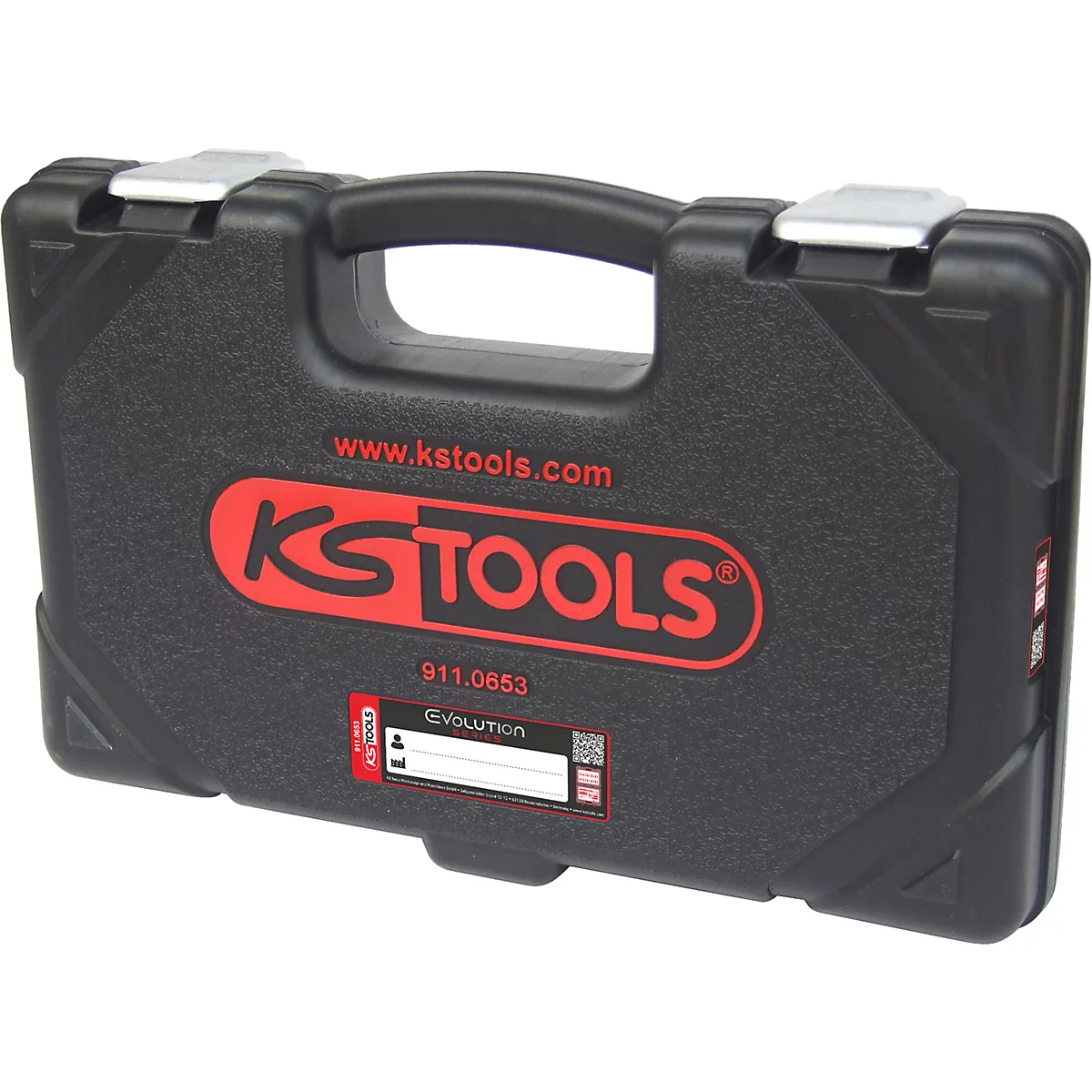 Mallette à outils noire KS Tools en plastique avec logo rouge, poignée de transport et fermoirs métalliques argentés.