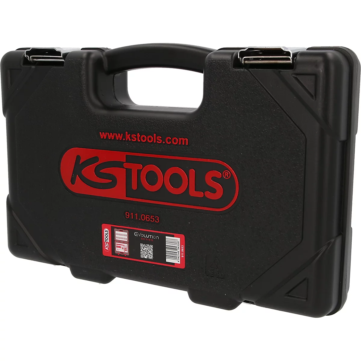 Mallette à outils noire en plastique KS Tools avec logo rouge, poignée de transport et fermetures métalliques.