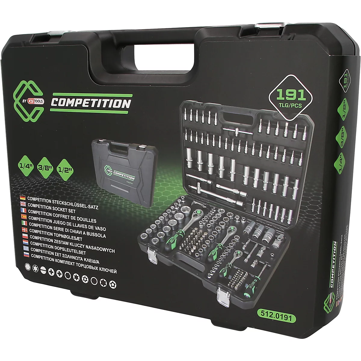 Mallette à outils noire contenant un jeu de douilles de 191 pièces de KS Tools.